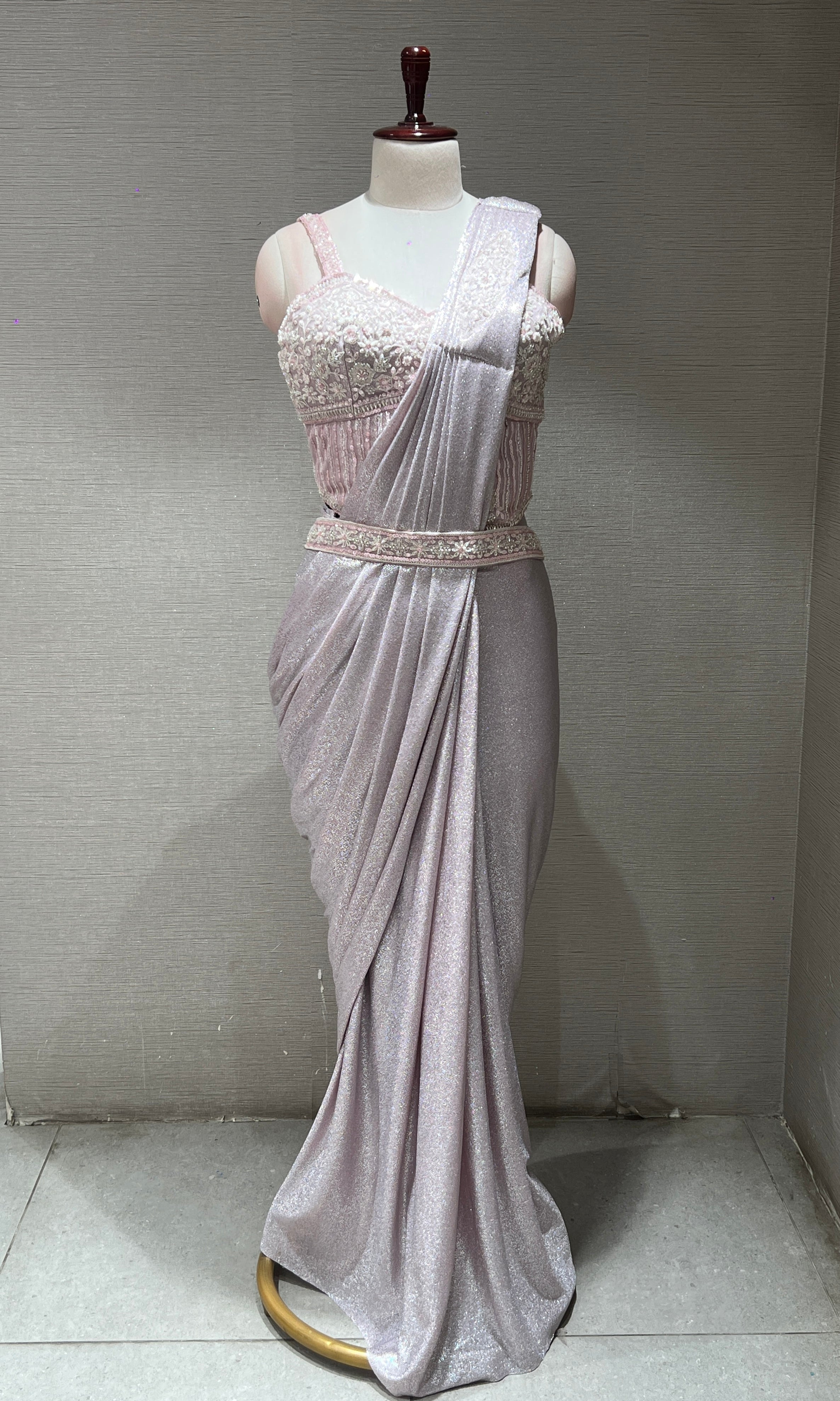 BABY PINK EMBELLISHED DRAPE SAREE WITH BELT