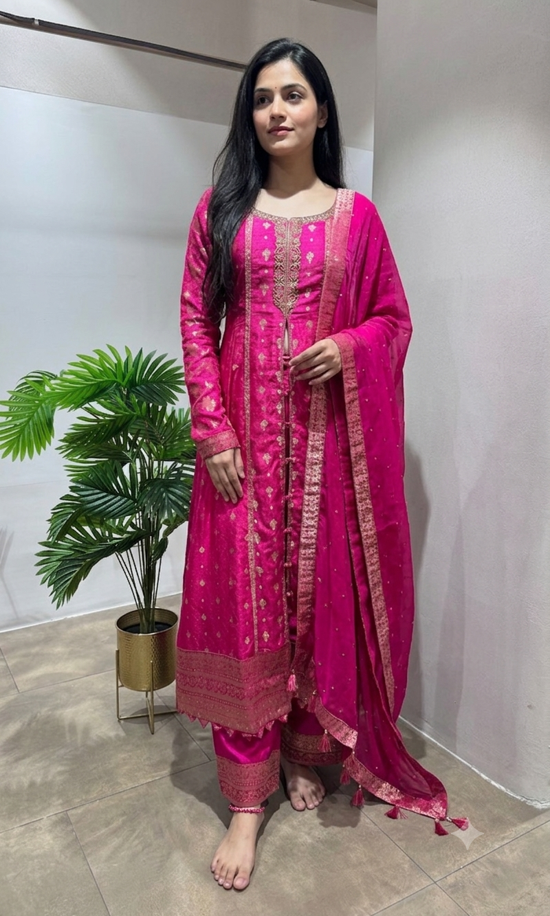 PINK GOLD EMBROIDERED FRONT SLIT ANARKALI SET
