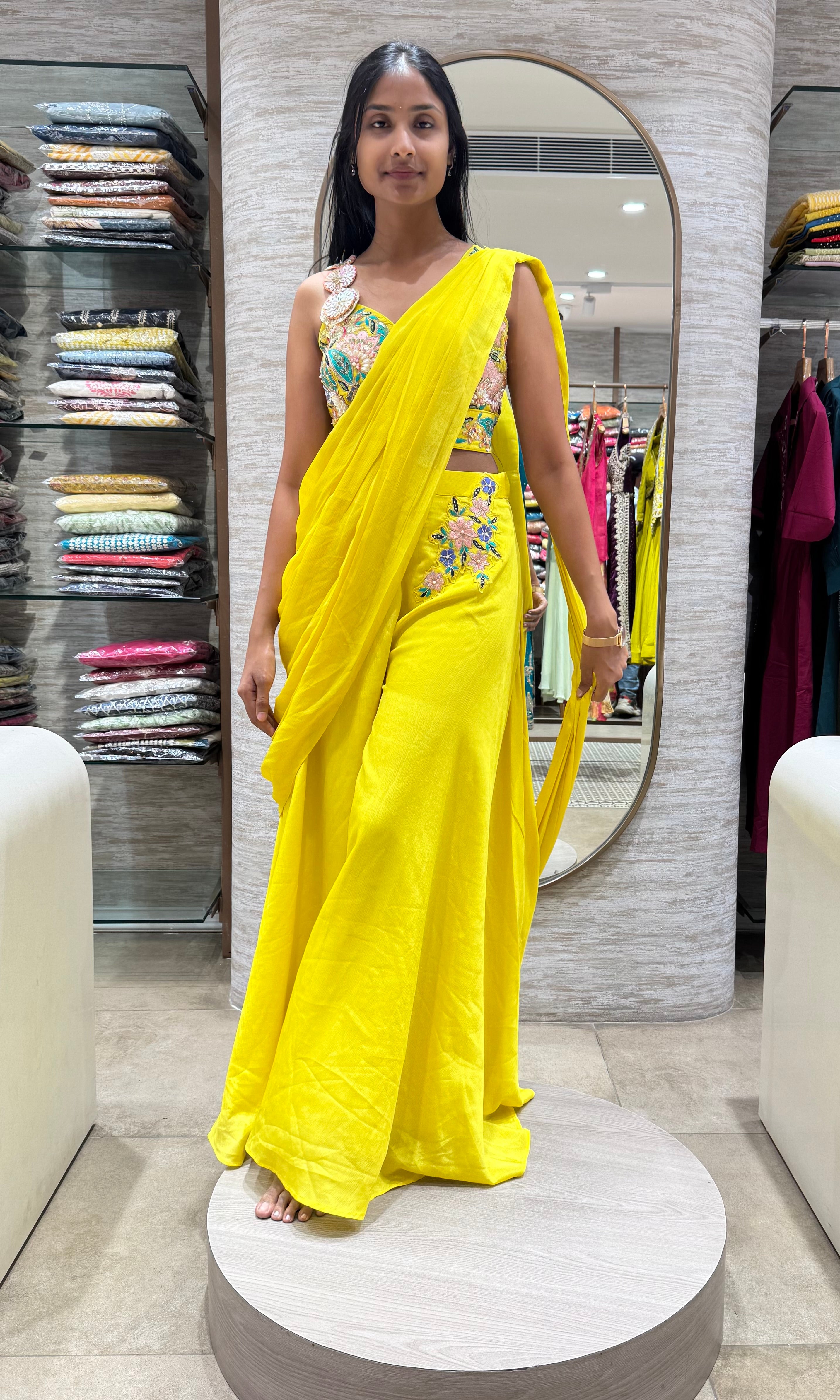 yellow intricate floral embroidery drape saree