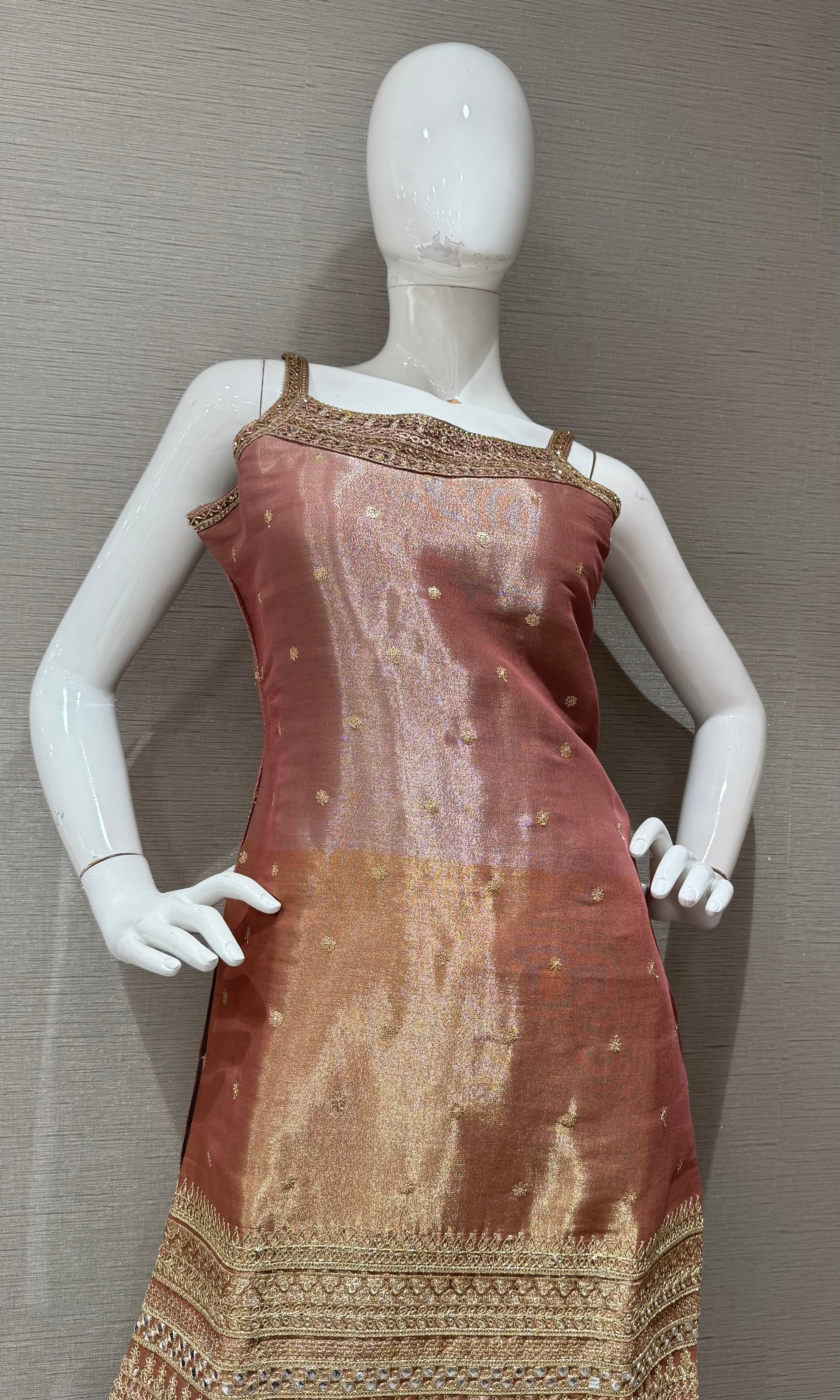 Onion Pink and Gold Zari Sharara set with Sheer Dupatta