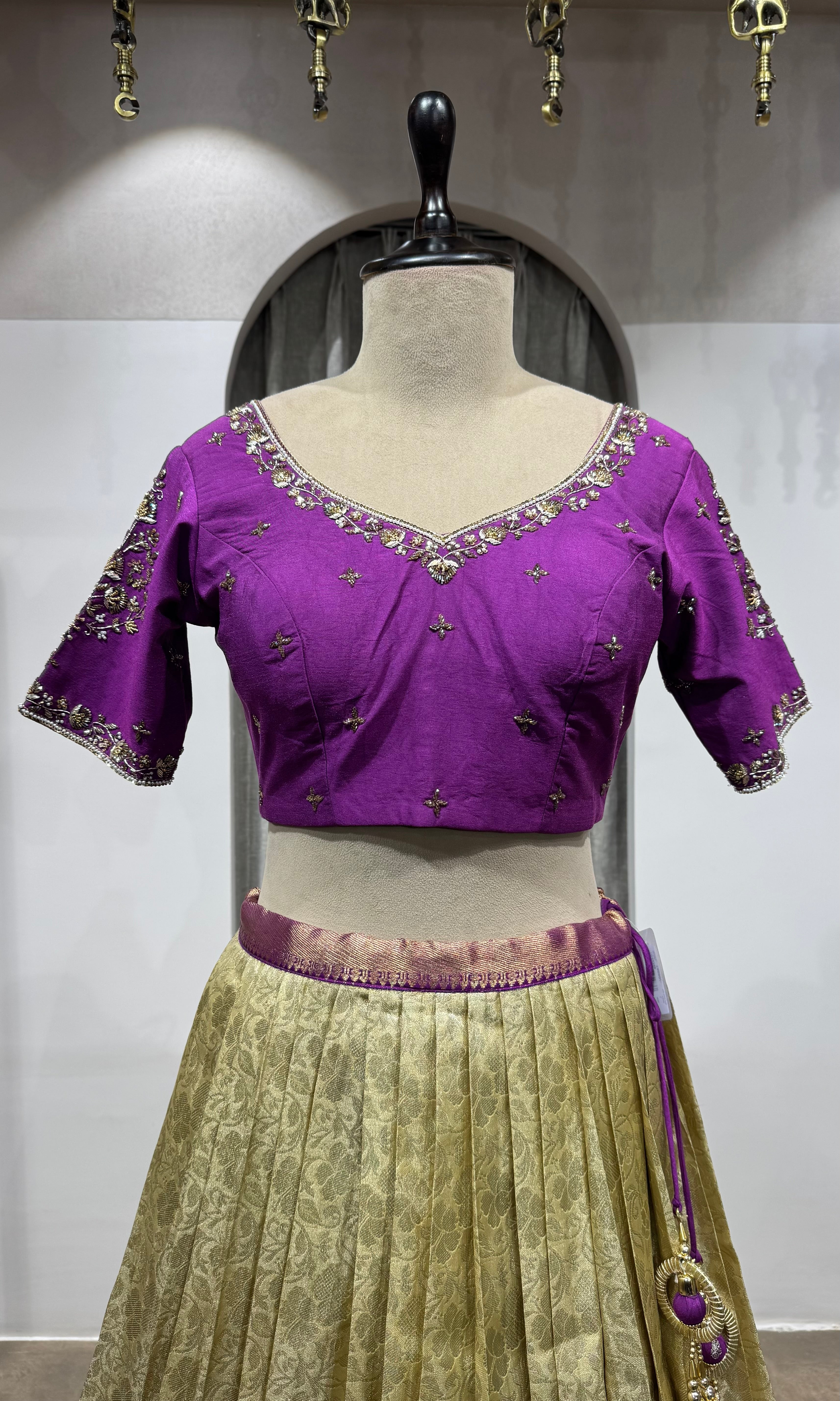 WINE and cream kanjivaram pattu lehenga