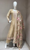 BEIGE EMBROIDERED TISSUE ANARKALI SET WITH FLORAL DUPATTA
