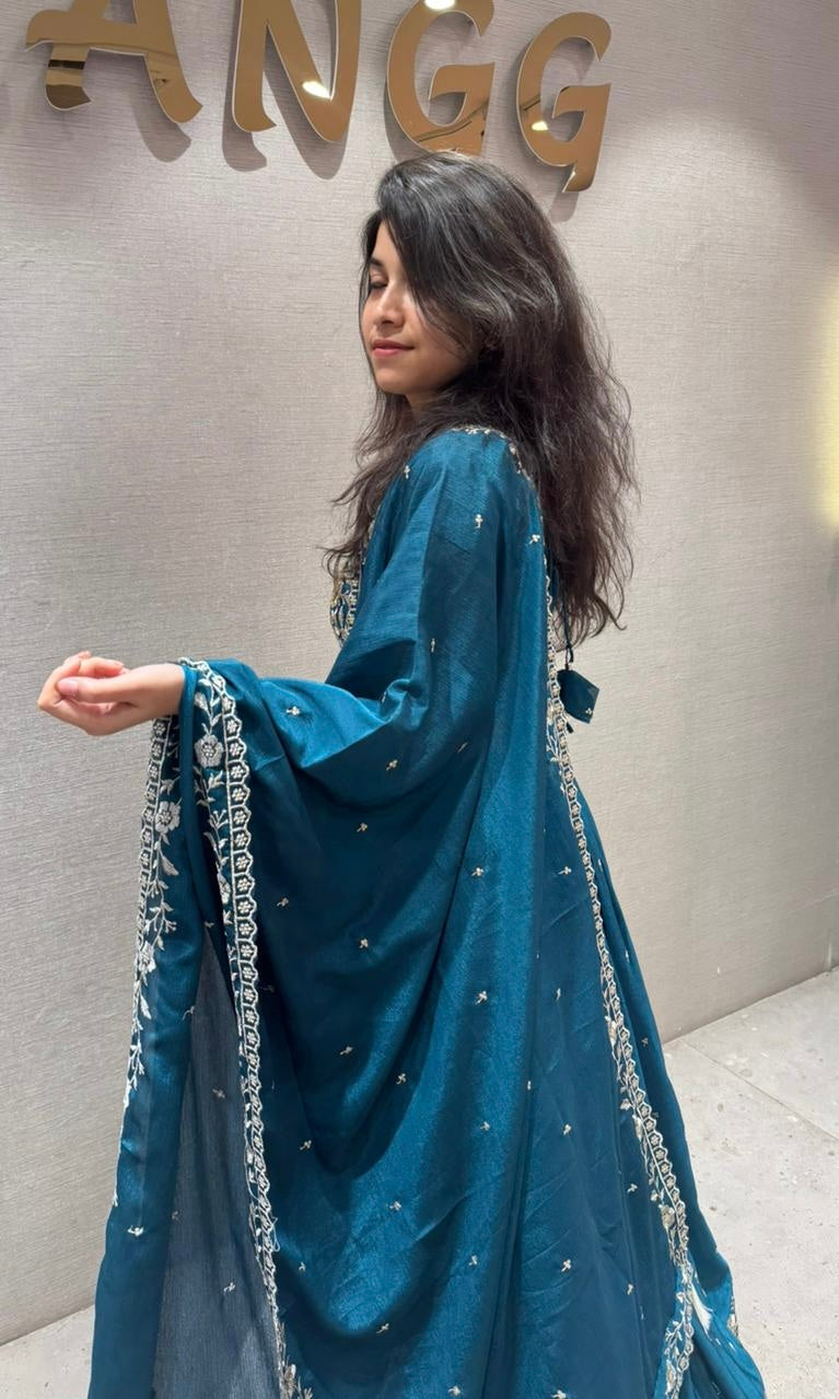 Peacock blue Lehenga with gold embroidery