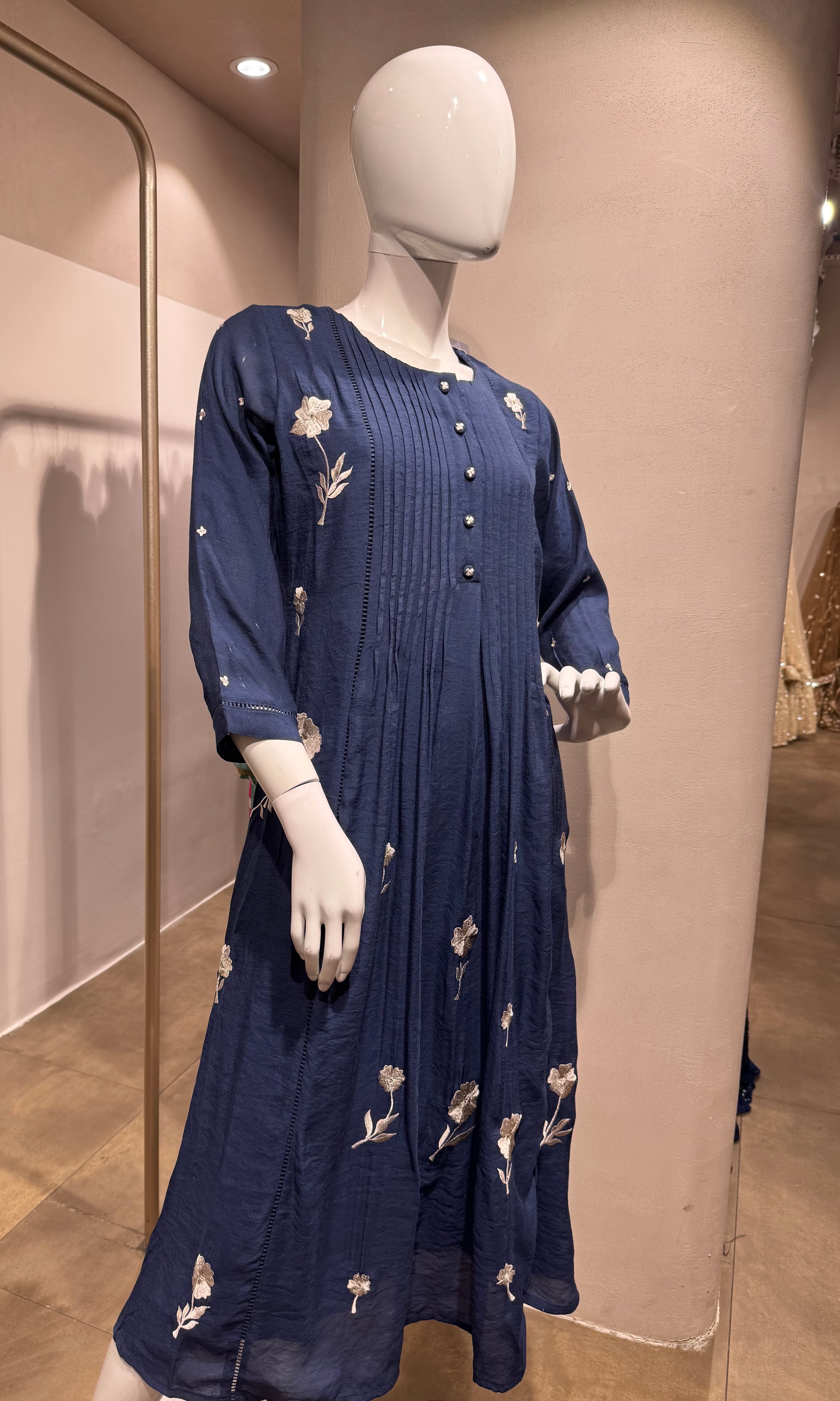 Navy Blue Pleated Cotton Kurta