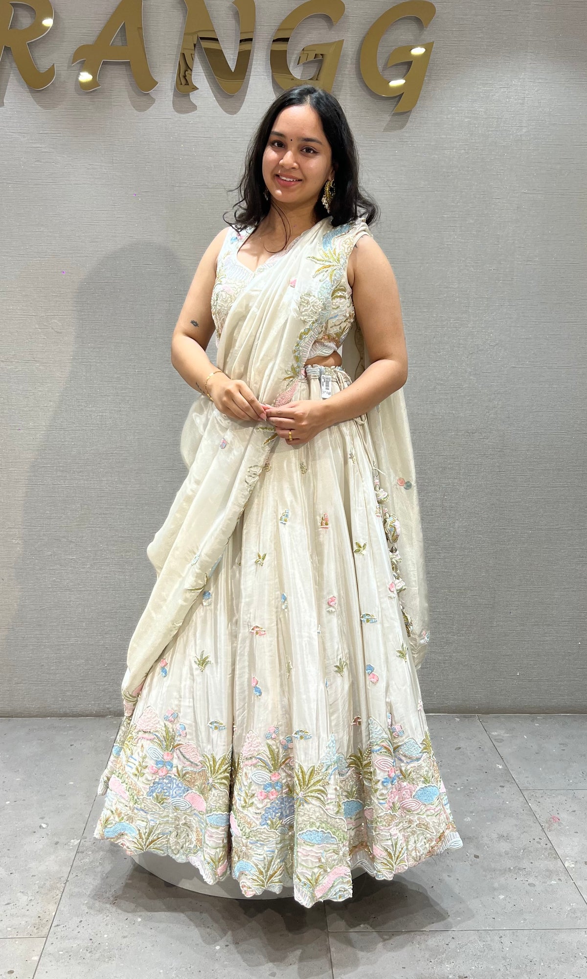 Cream Pastel Floral Embroidered Lehenga Set