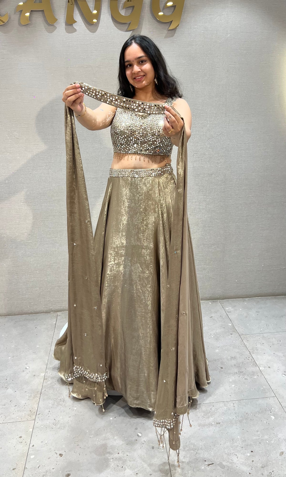 champagne Shimmering Metallic Gold Lehenga Set