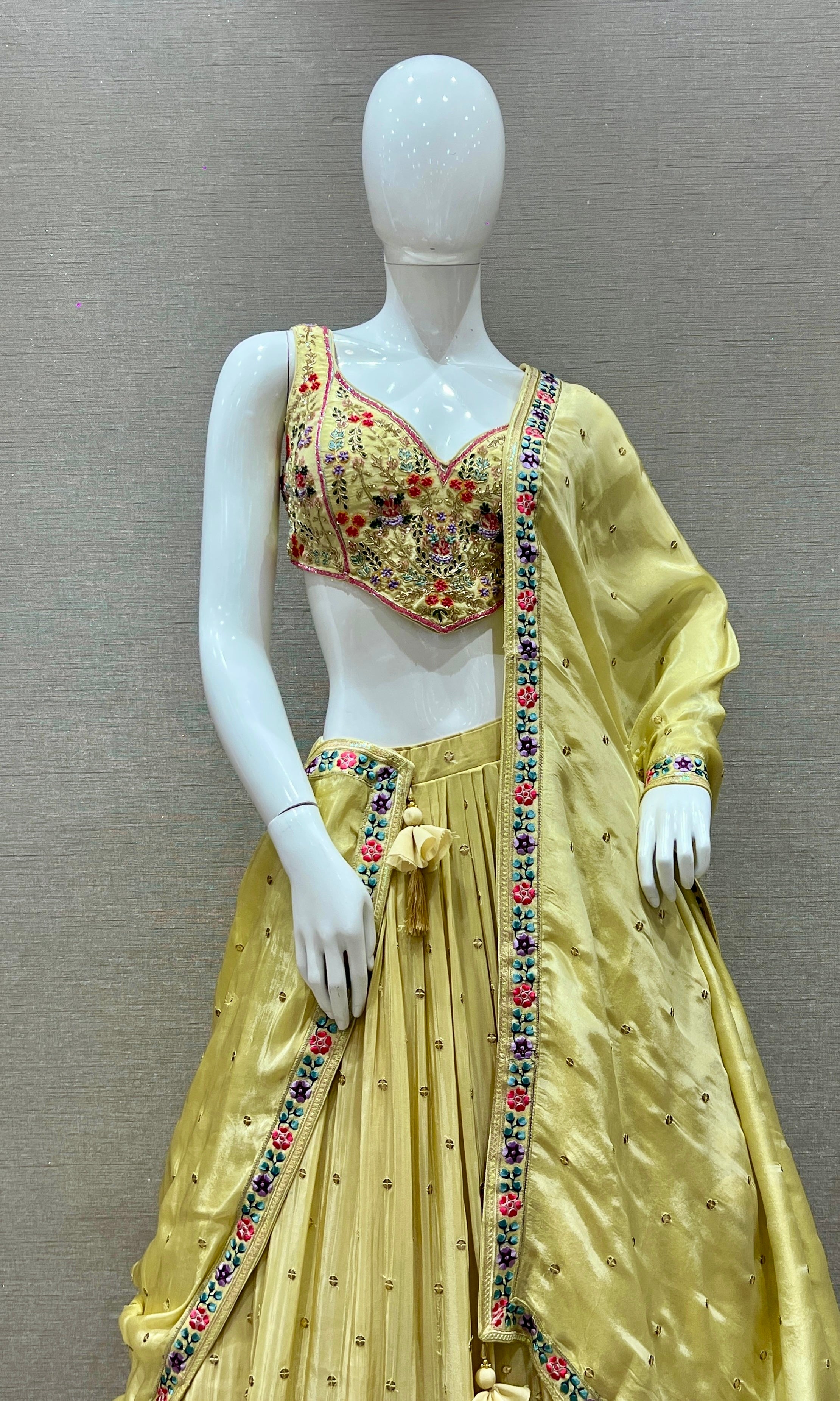 Pastel Butter Yellow Lehenga with Multicolor Floral Embroidery