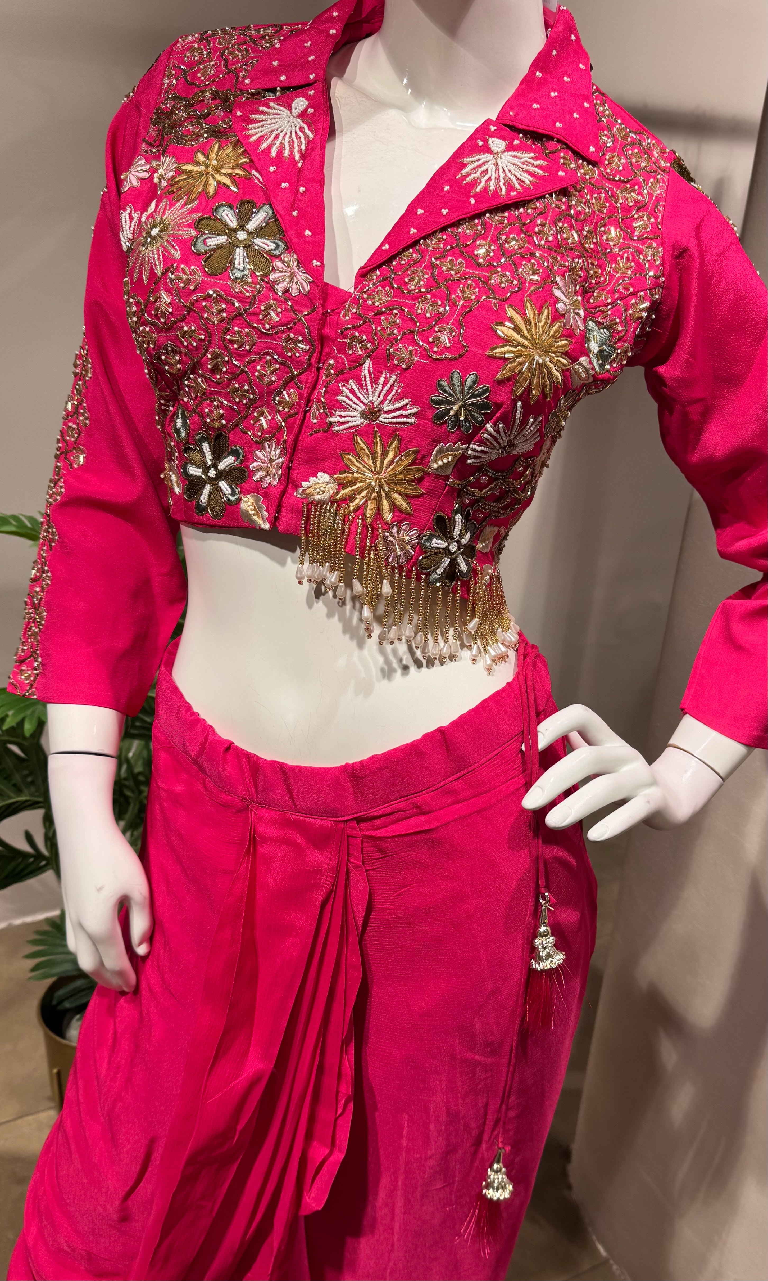 rani drape skirt set with embellished jacket blouse