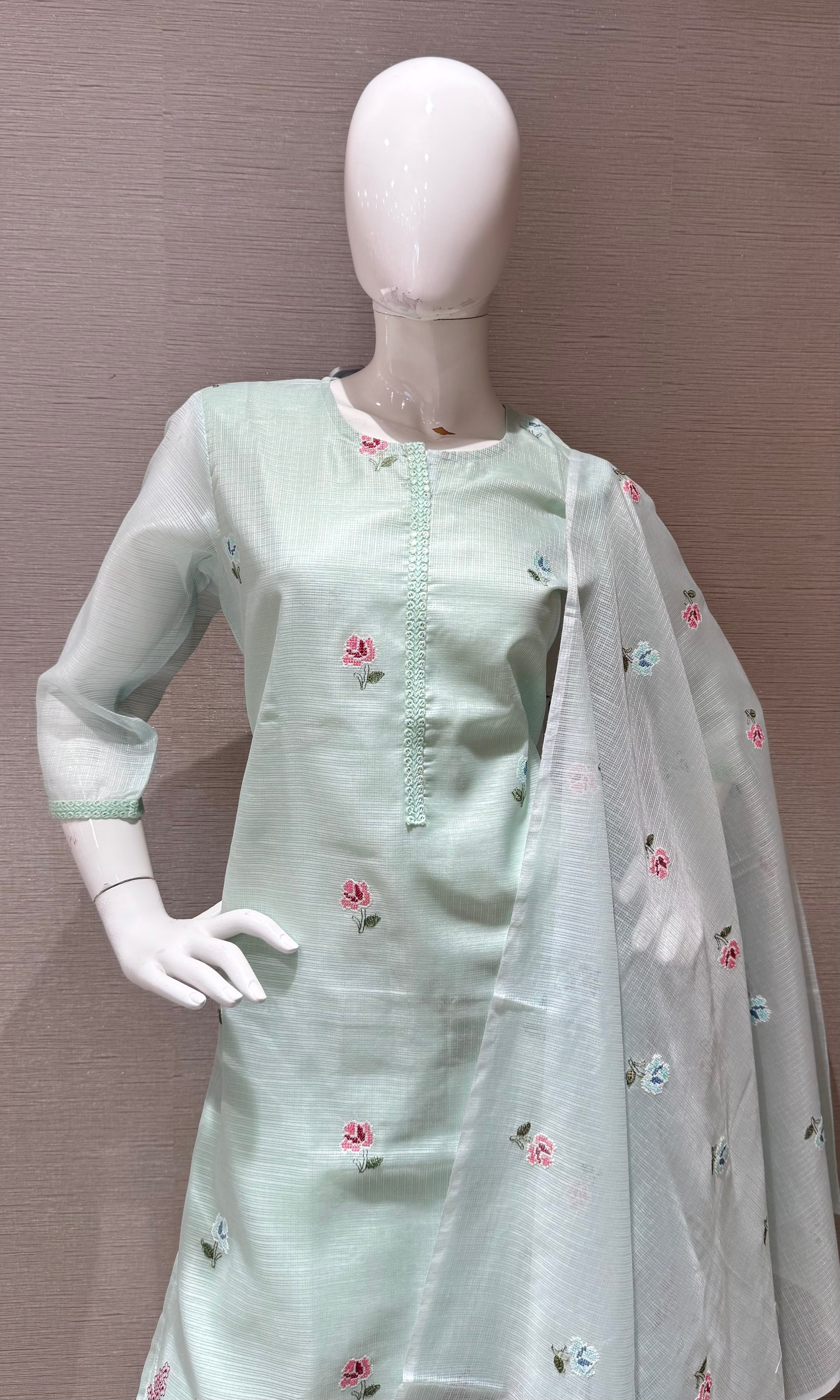 Mint Green Floral Kurta Set with Sheer Dupatta