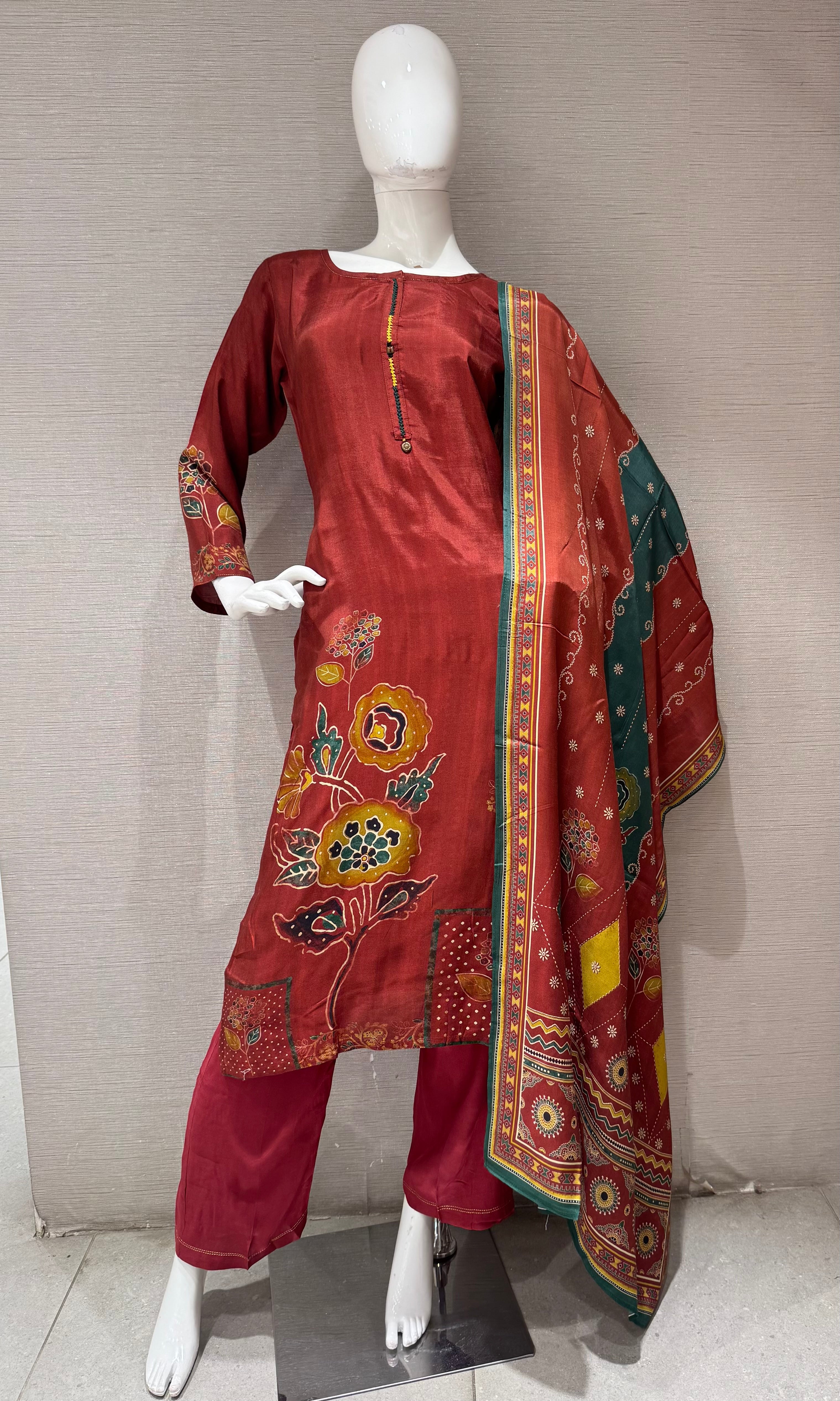 Rust Flora Embroidered Silk Kurta Set