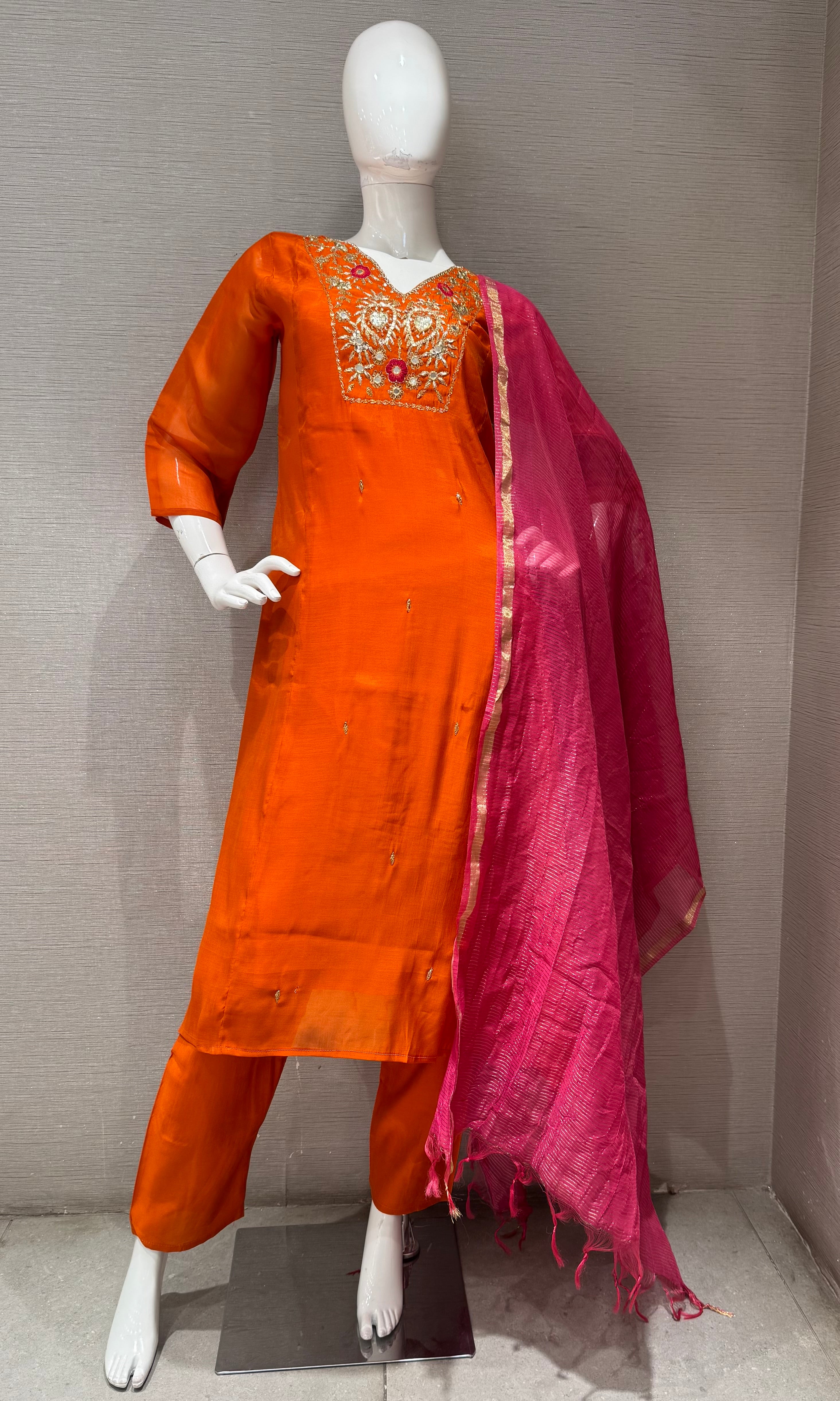 Orange Silk Salwar Suit Set with Contrasting Pink Dupatta