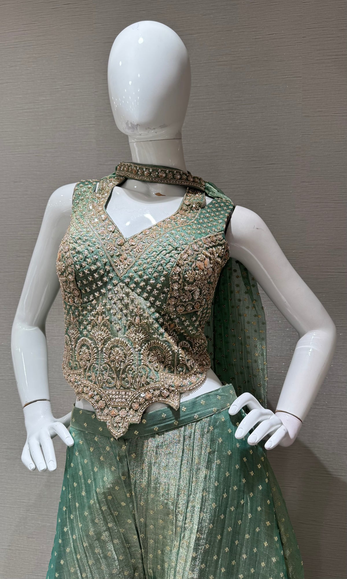 Mint Sage Zari Embroidered tissue silk Palazzo set