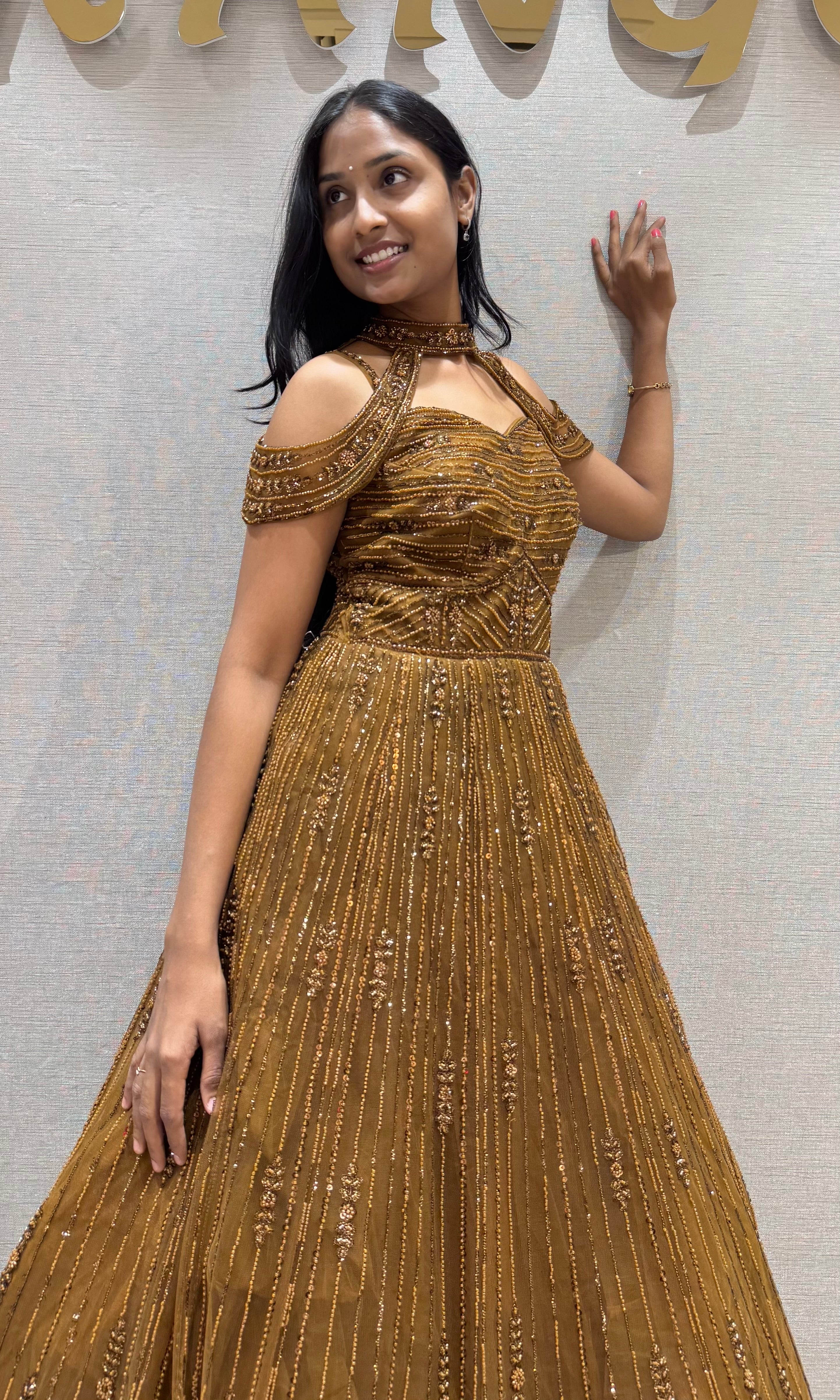 BROWN Metallic Honey Textured Gown