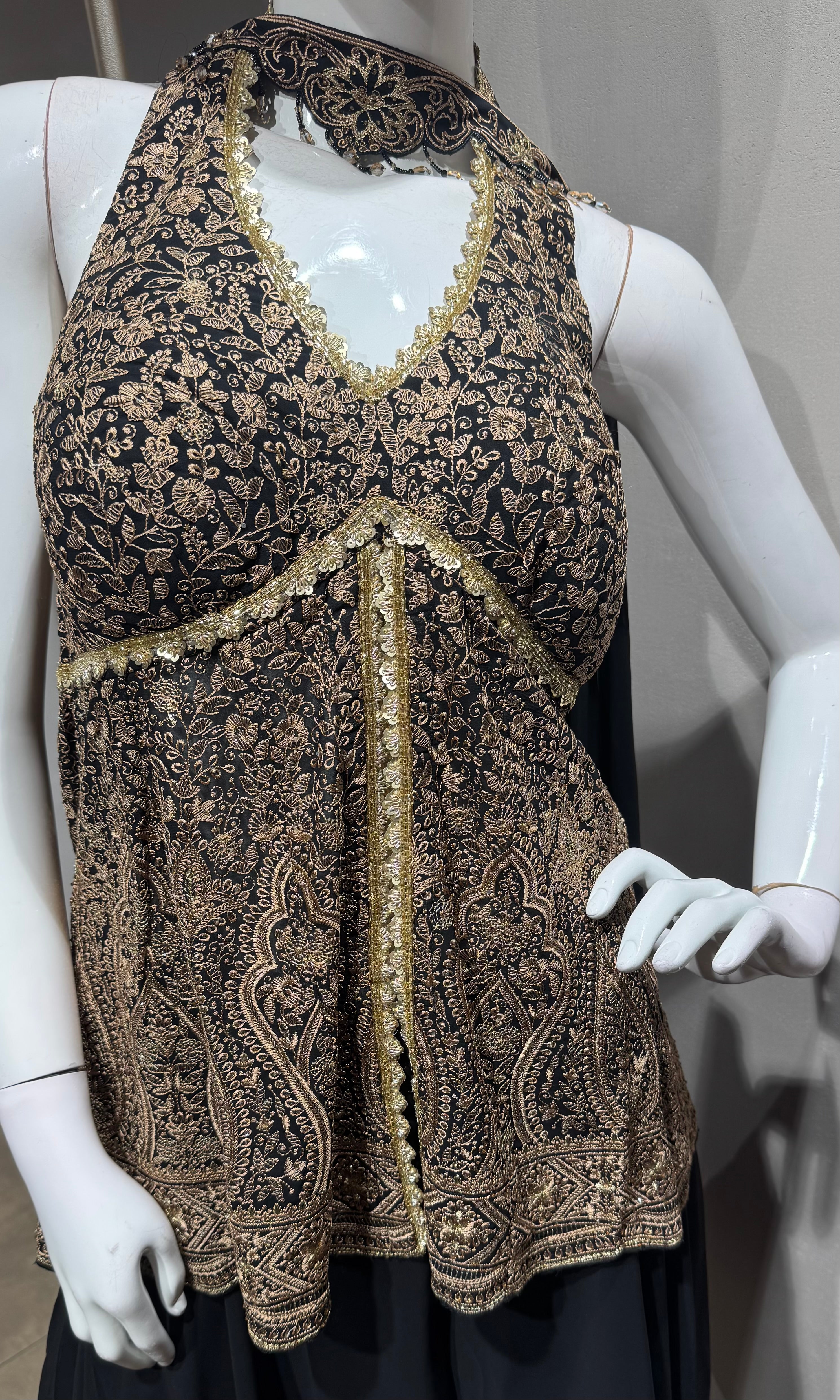 black and gold embroidered halter palazzo set