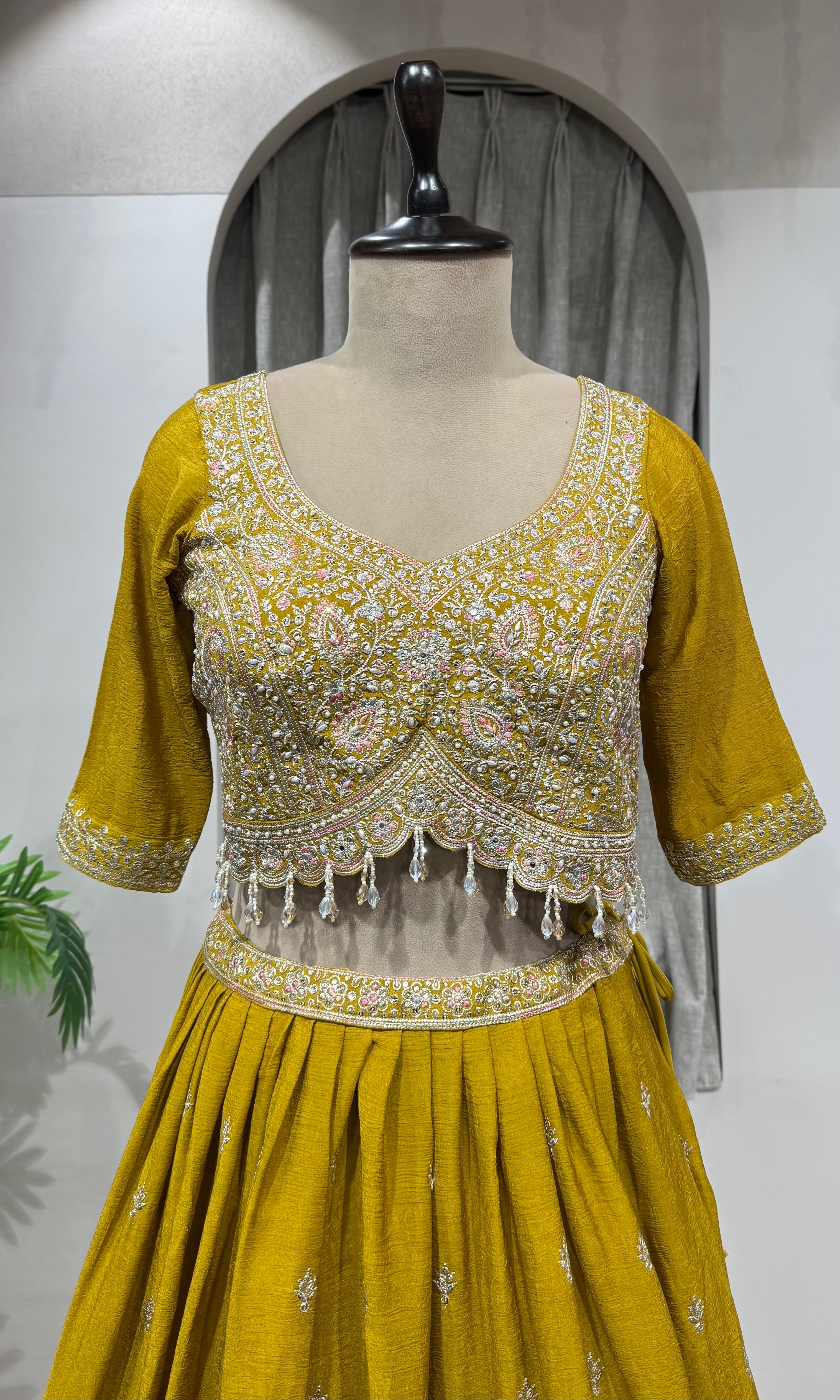Mustard Flared Lehenga Choli with Border Embroidery