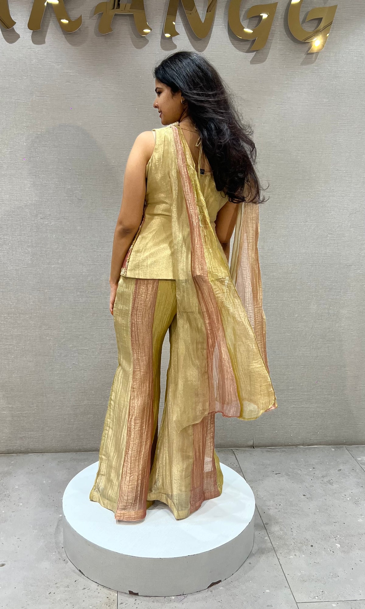 Gold and Pink tissue silk Embroidered Palazzo Set & dupatta