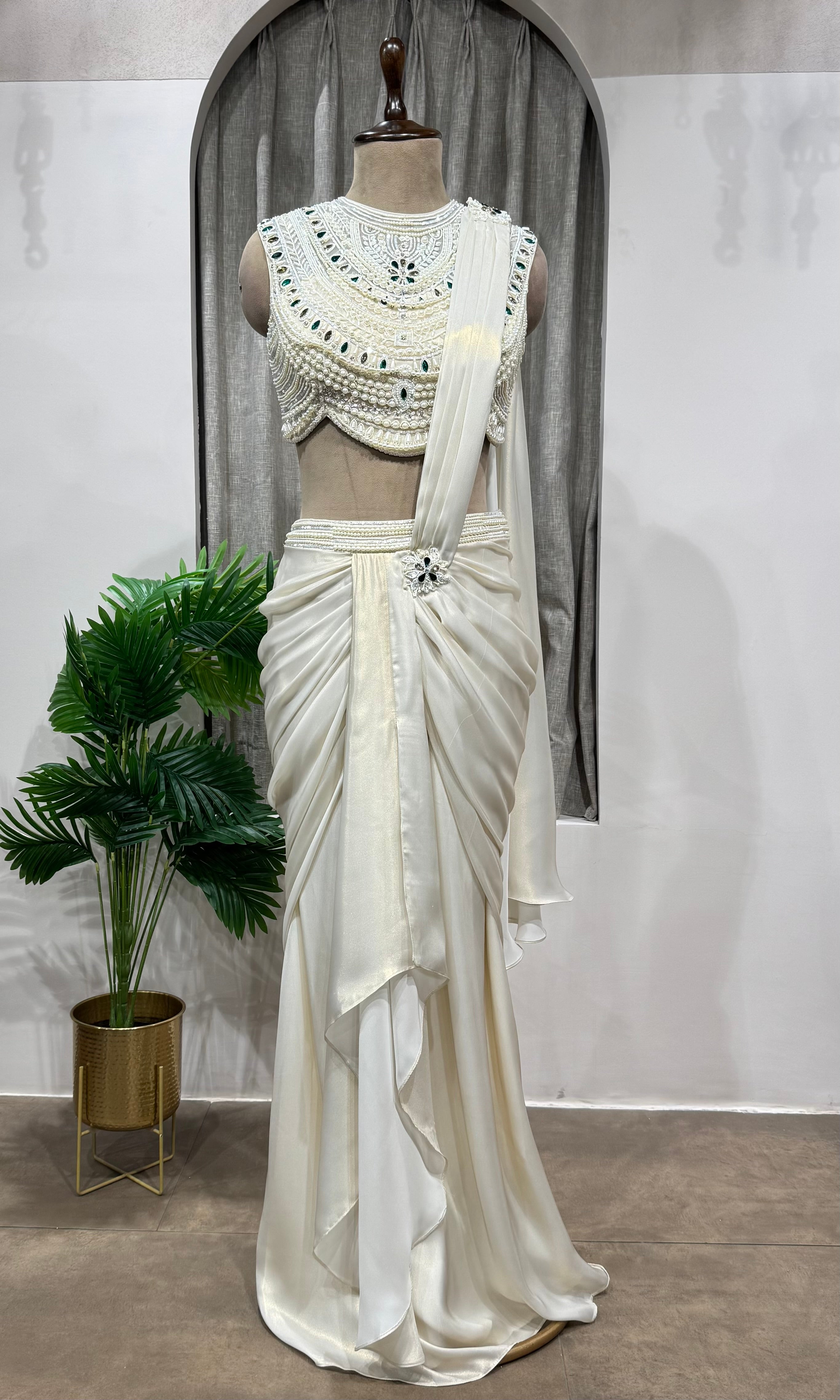 White Mirror and Pearl Embroidered Satin Draped SKIRT
