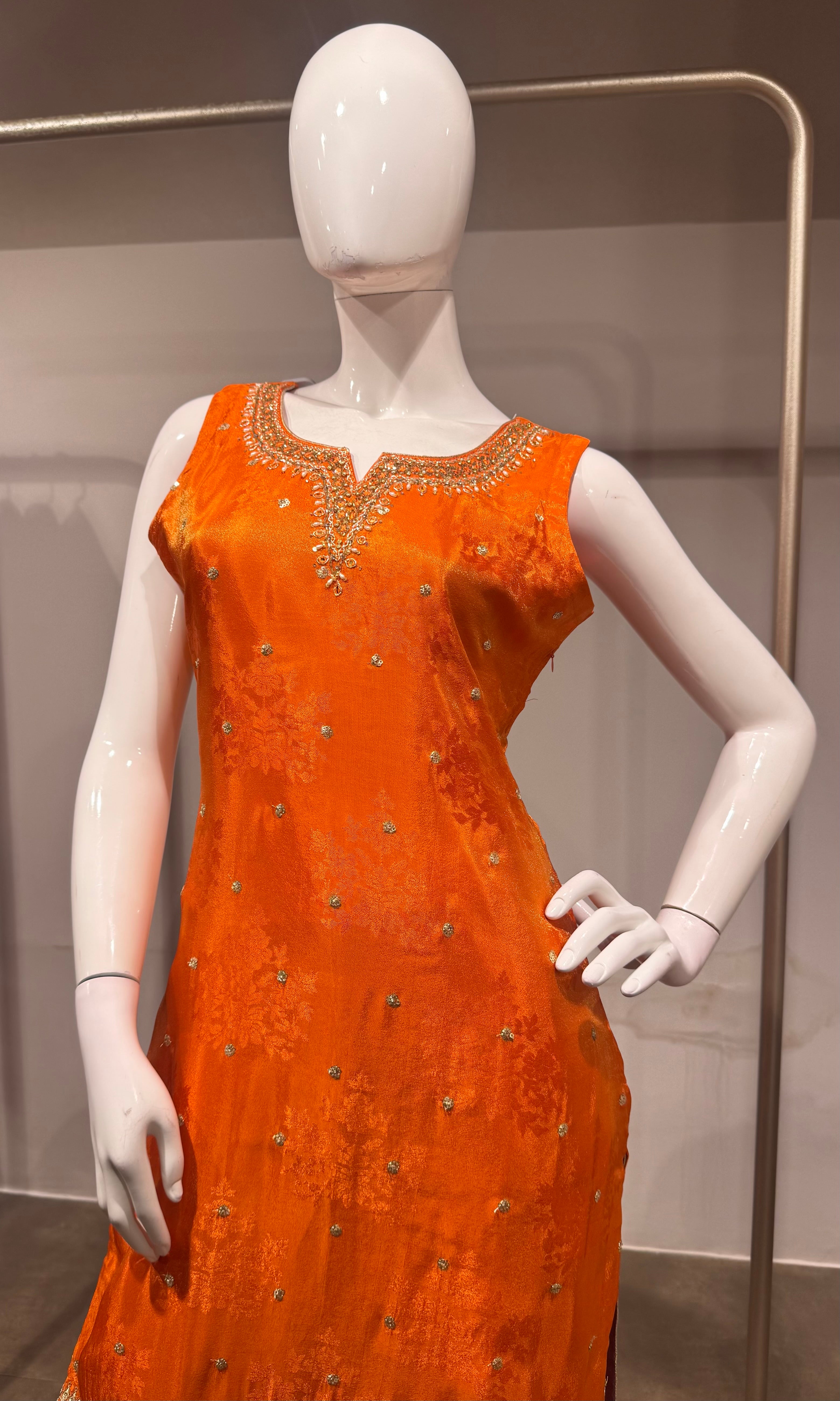 orange intricate gold embroidery Kurta set