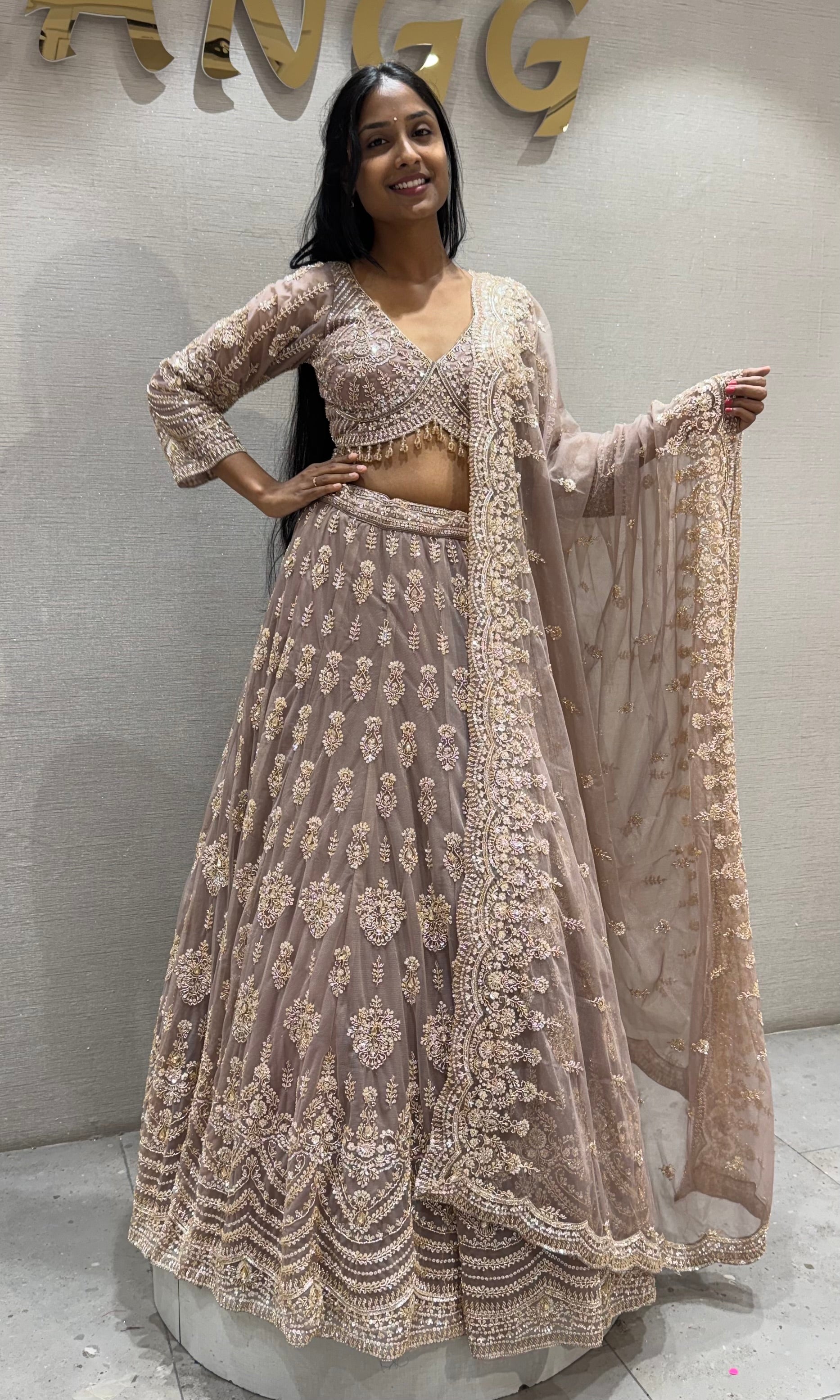 Mauve Embroidered Net Bridal Lehenga Set