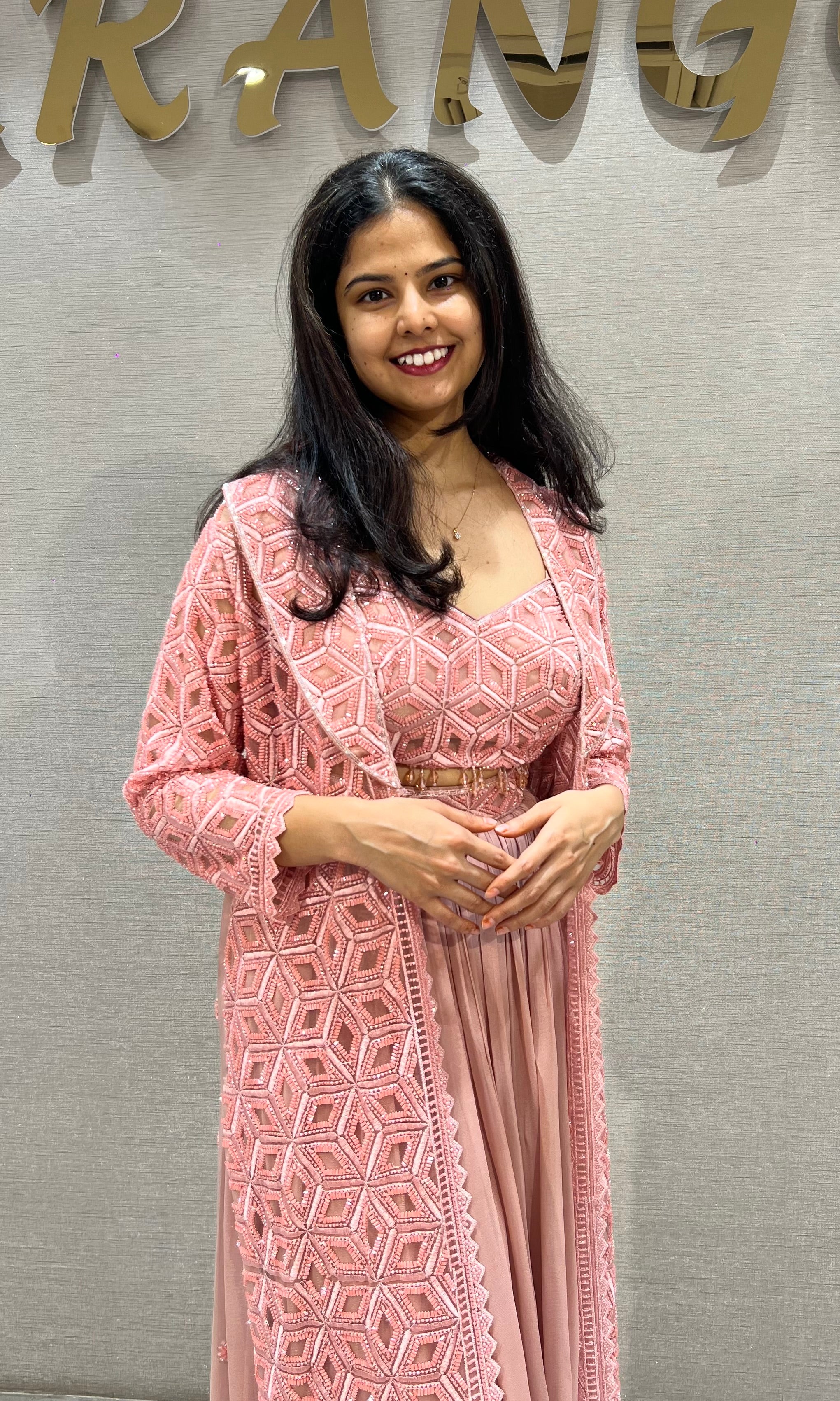 Onion Pink silk Embroidered Maxi Skirt with Cape Set