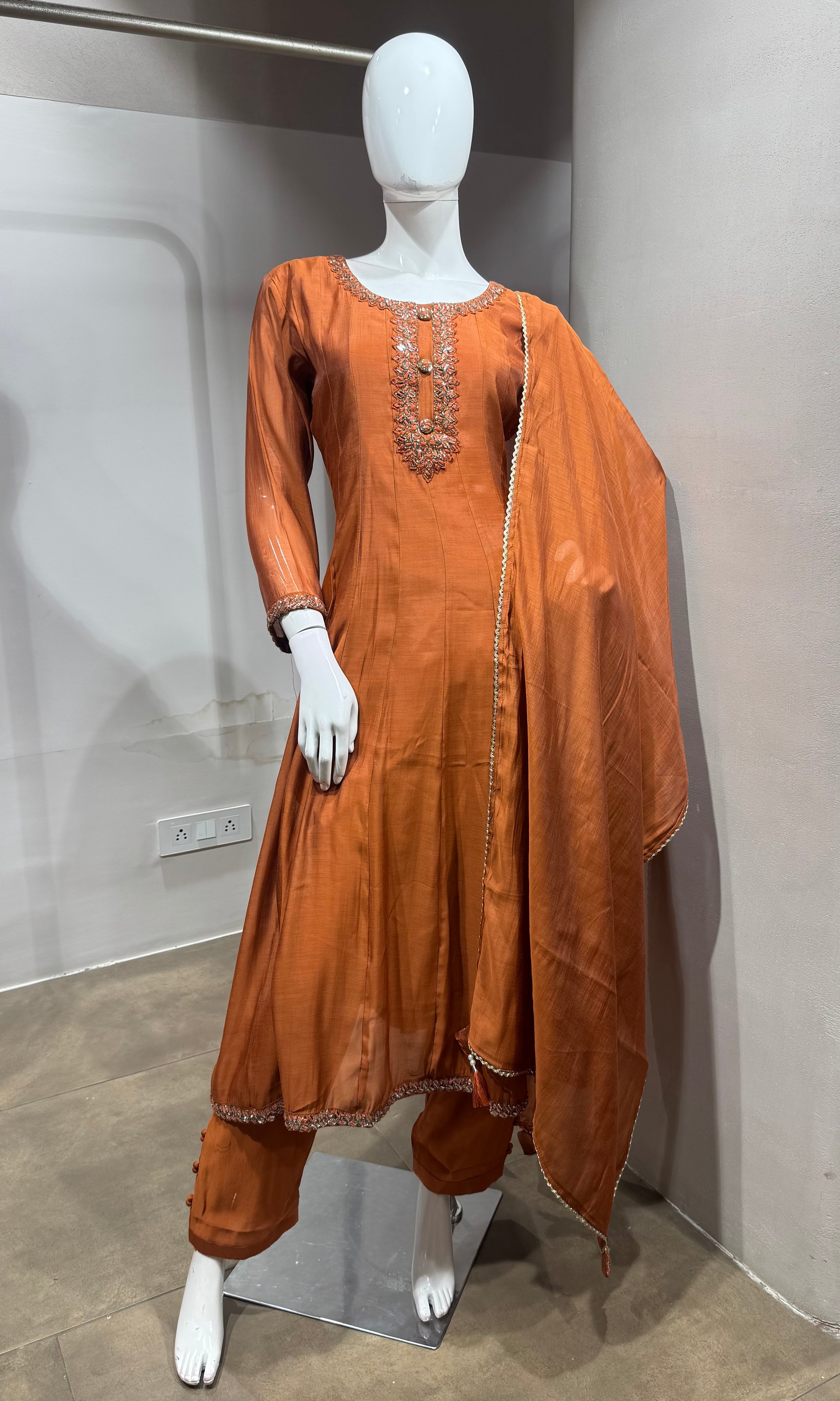 Brown Silk Embroidered Anarkali Set with Dupatta