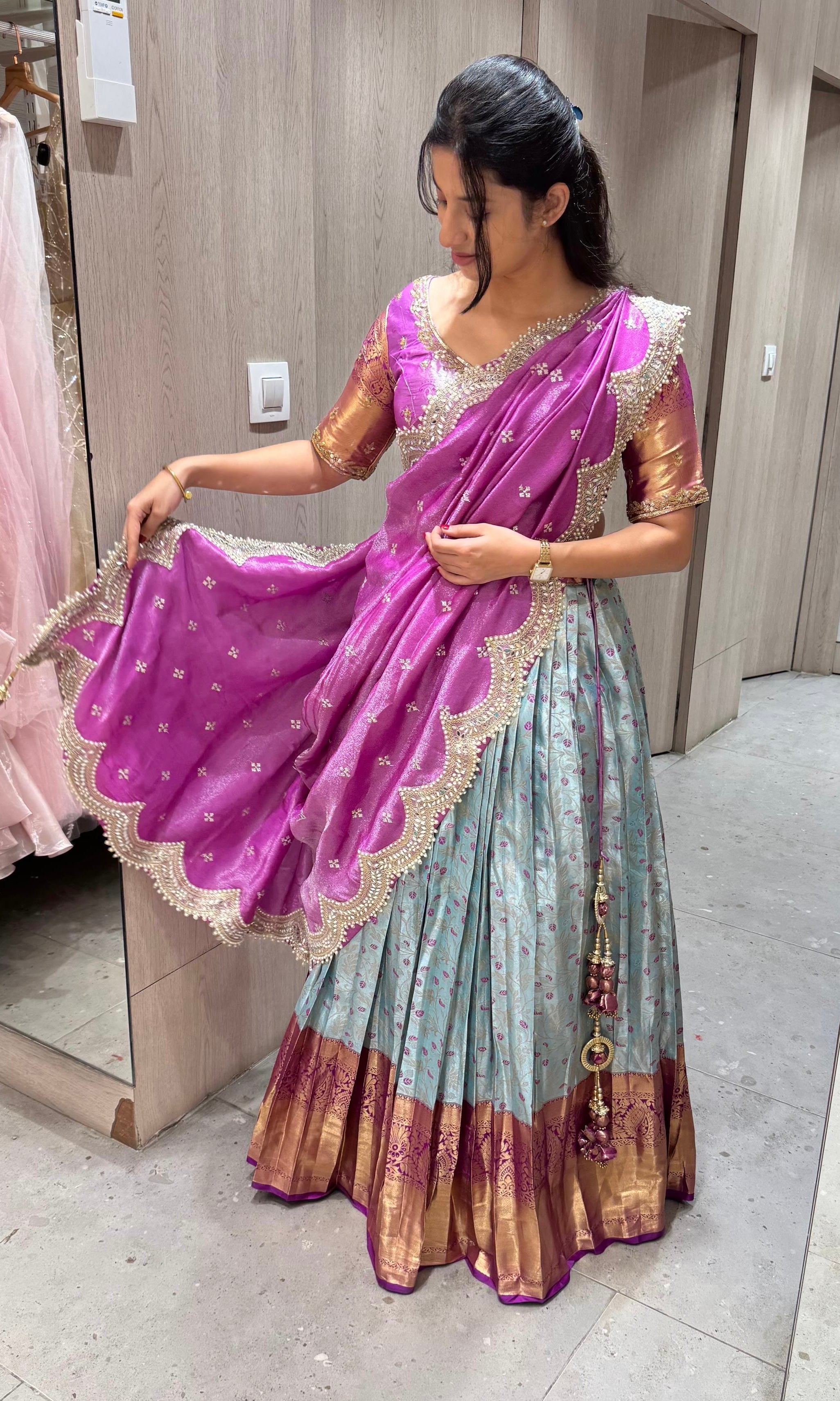 Ice blue And purple pink pattu half saree