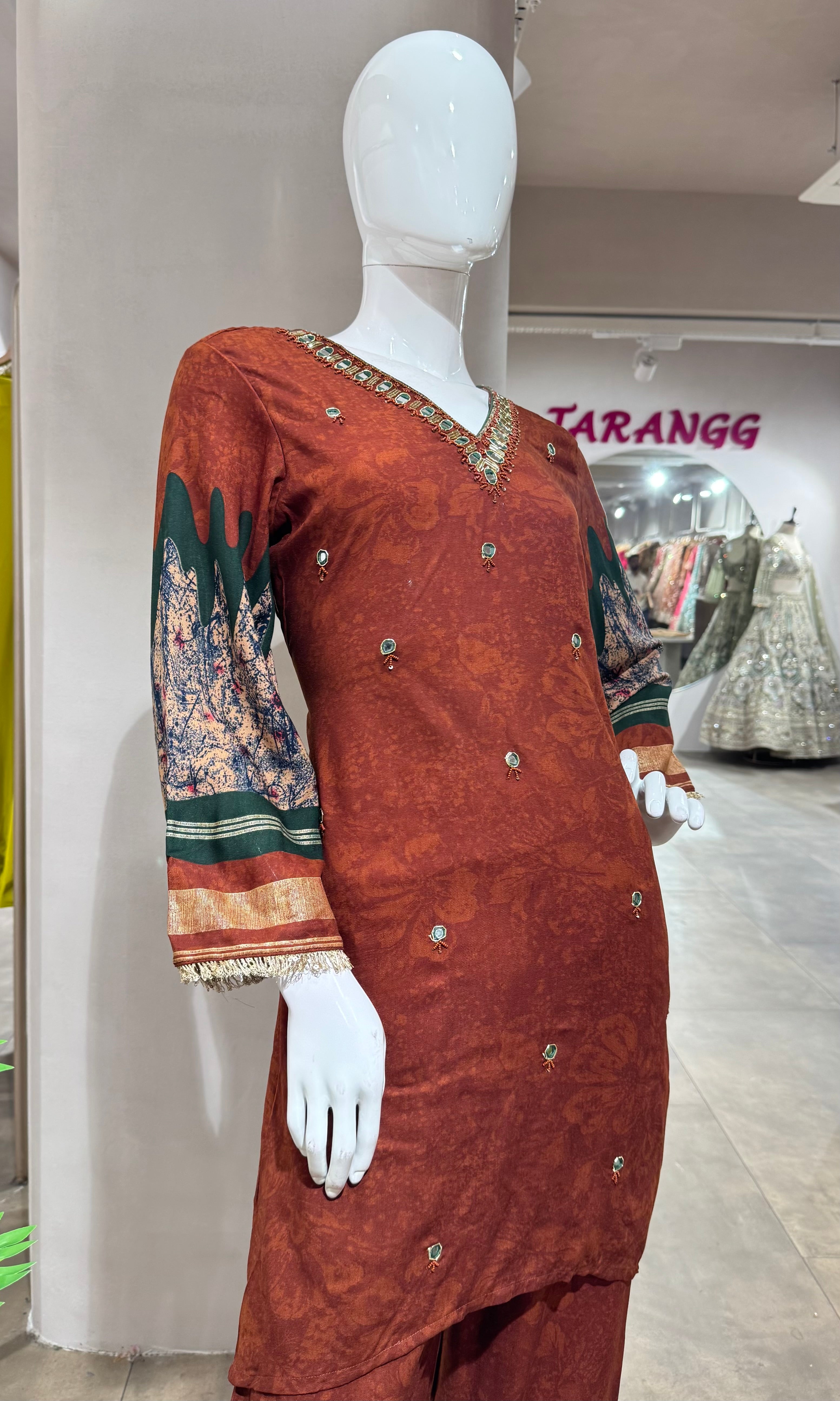 RUST PRINTED KURTI WITH BOTTOM