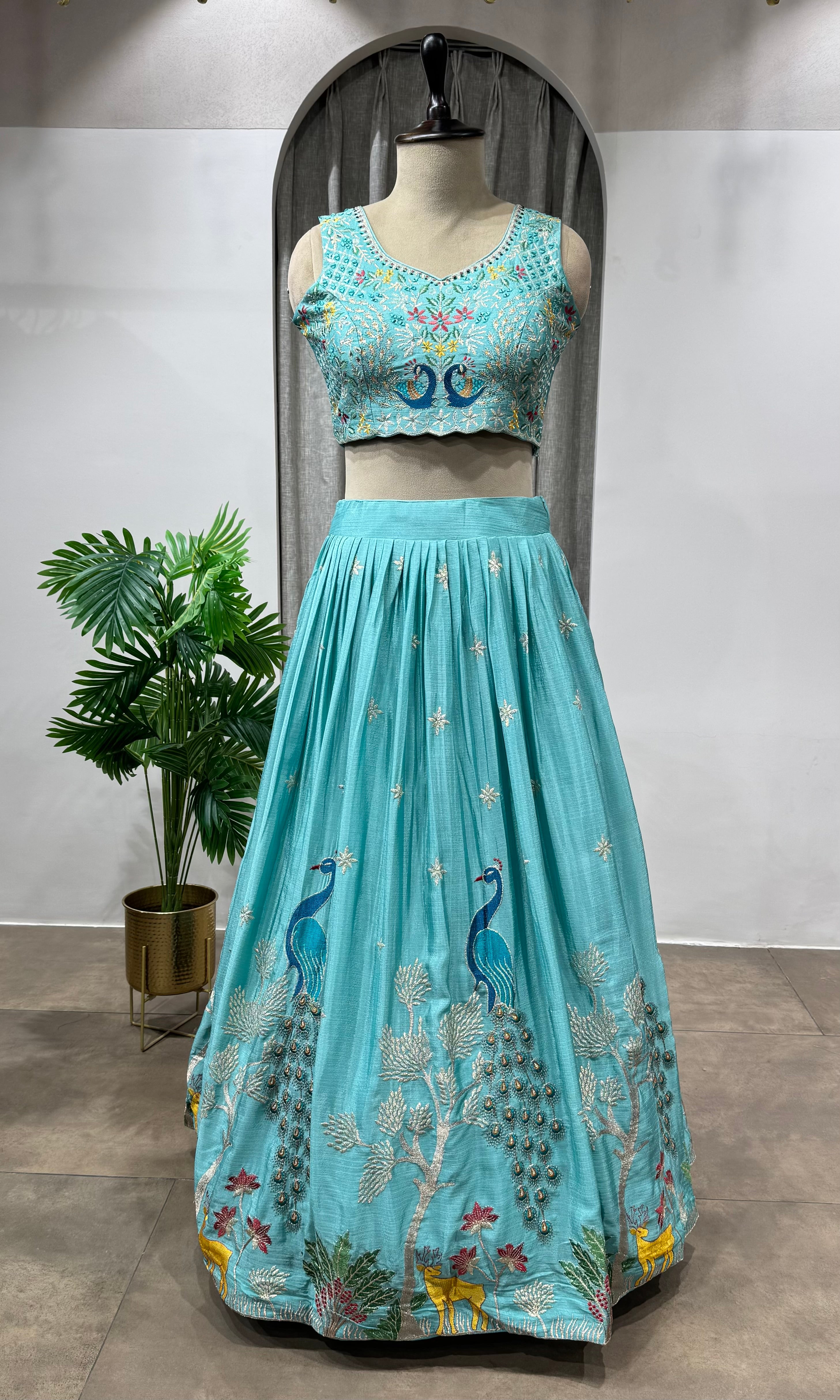 Blue Lehenga with Peacock Embroidery