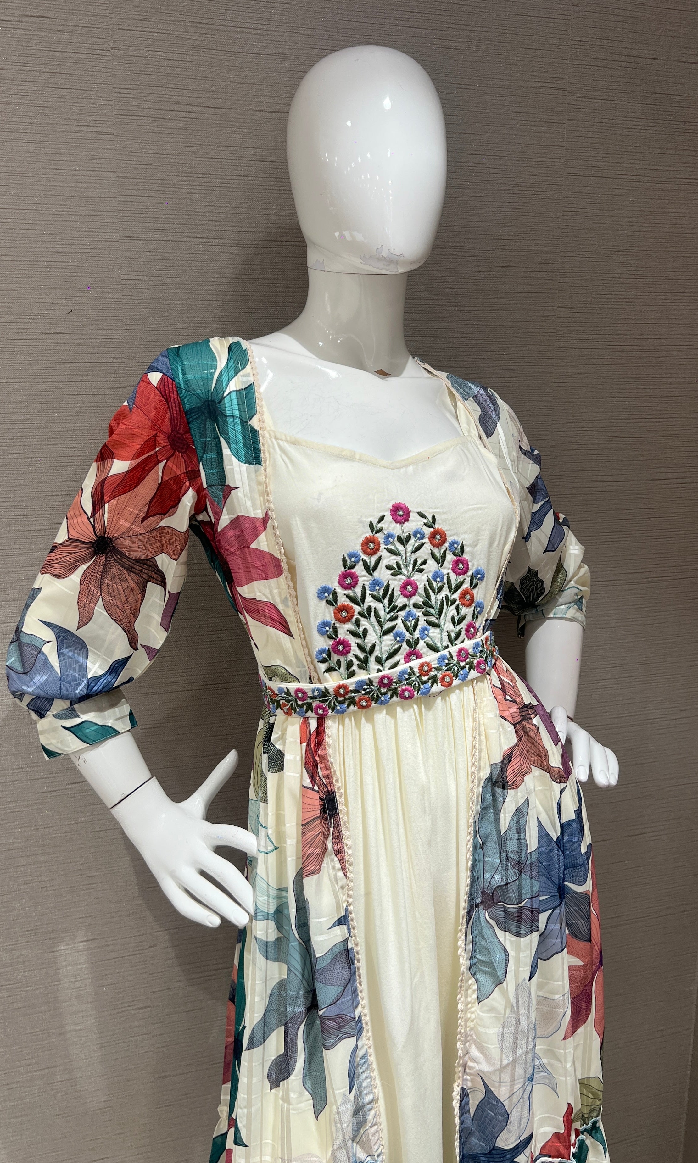 Cream Floral Print Festive Tiered Fusion frock