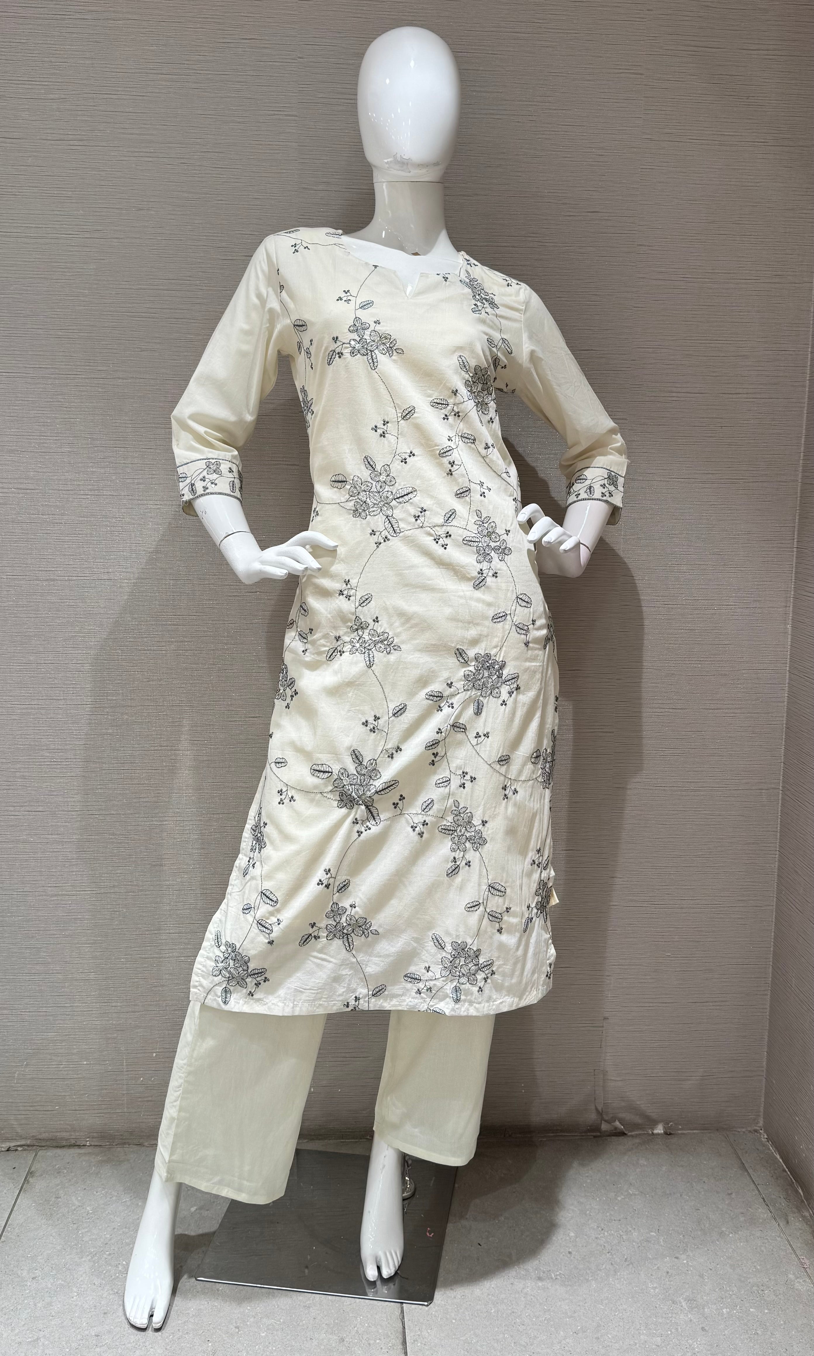 White Floral Embroidered Straight Kurta SET