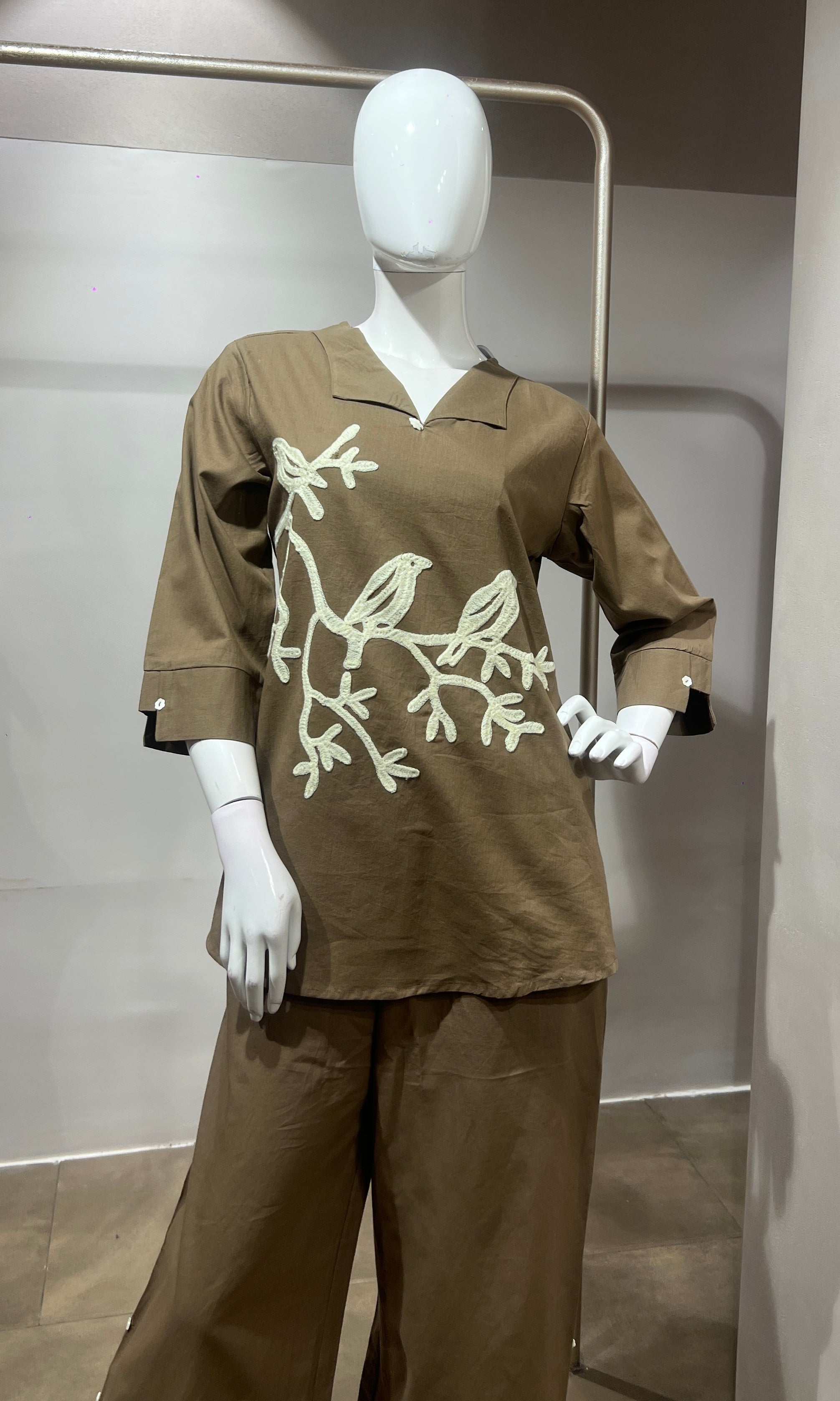Brown Bird Print Tunic Cord set