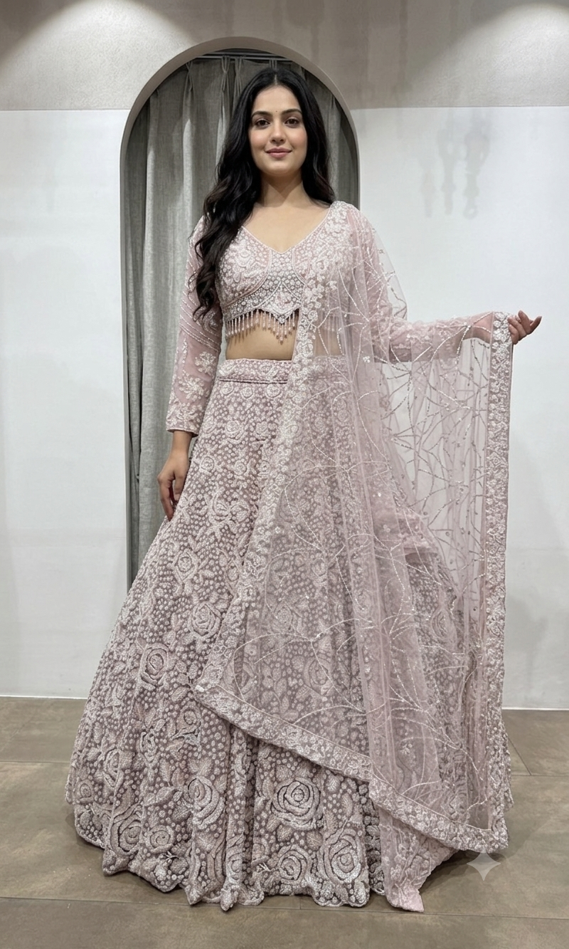 ROSE PINK Crystal Cascade Pastel Lehenga