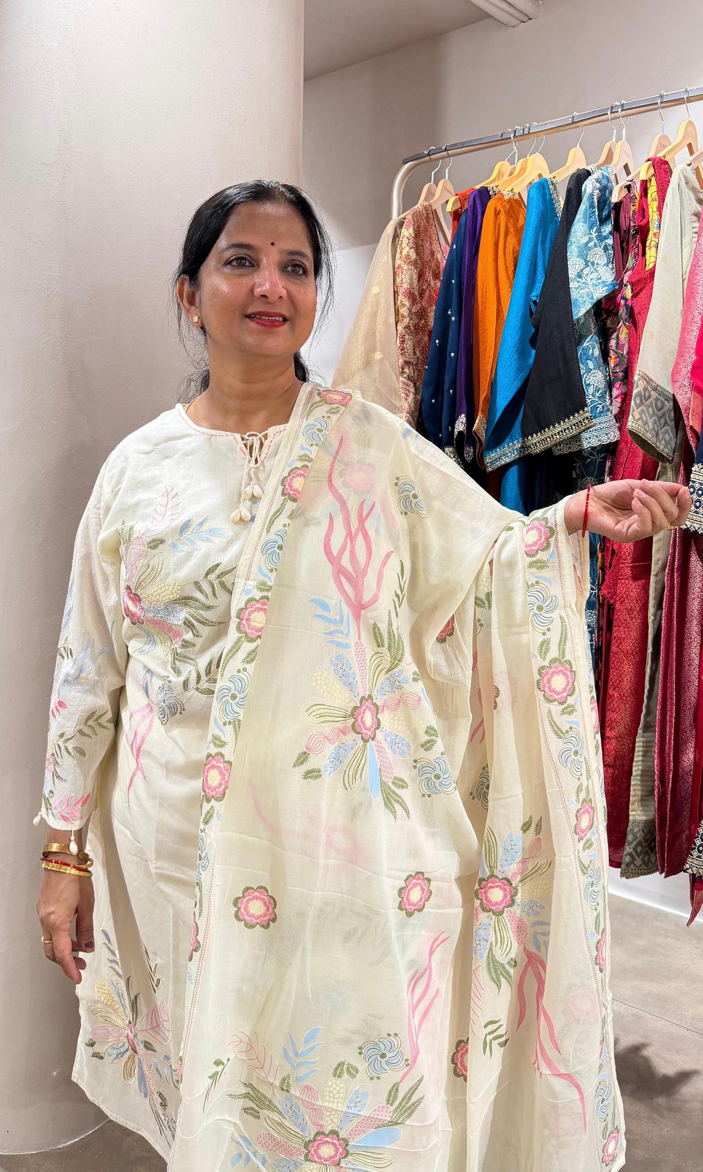 Cream spring summer floral design kurta set
