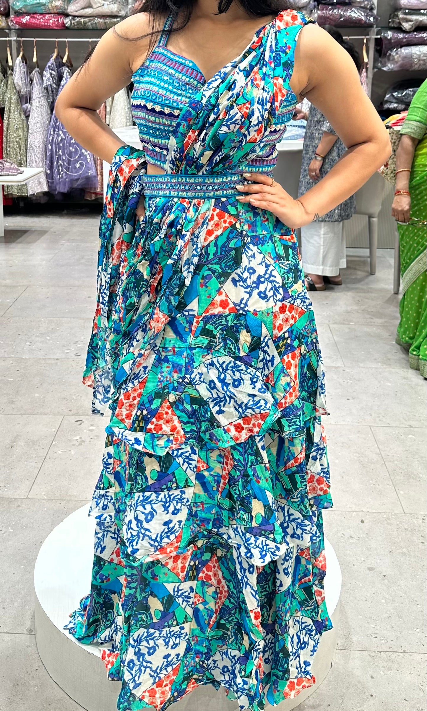 🦋Teal blue printed  saree with belt 🦋