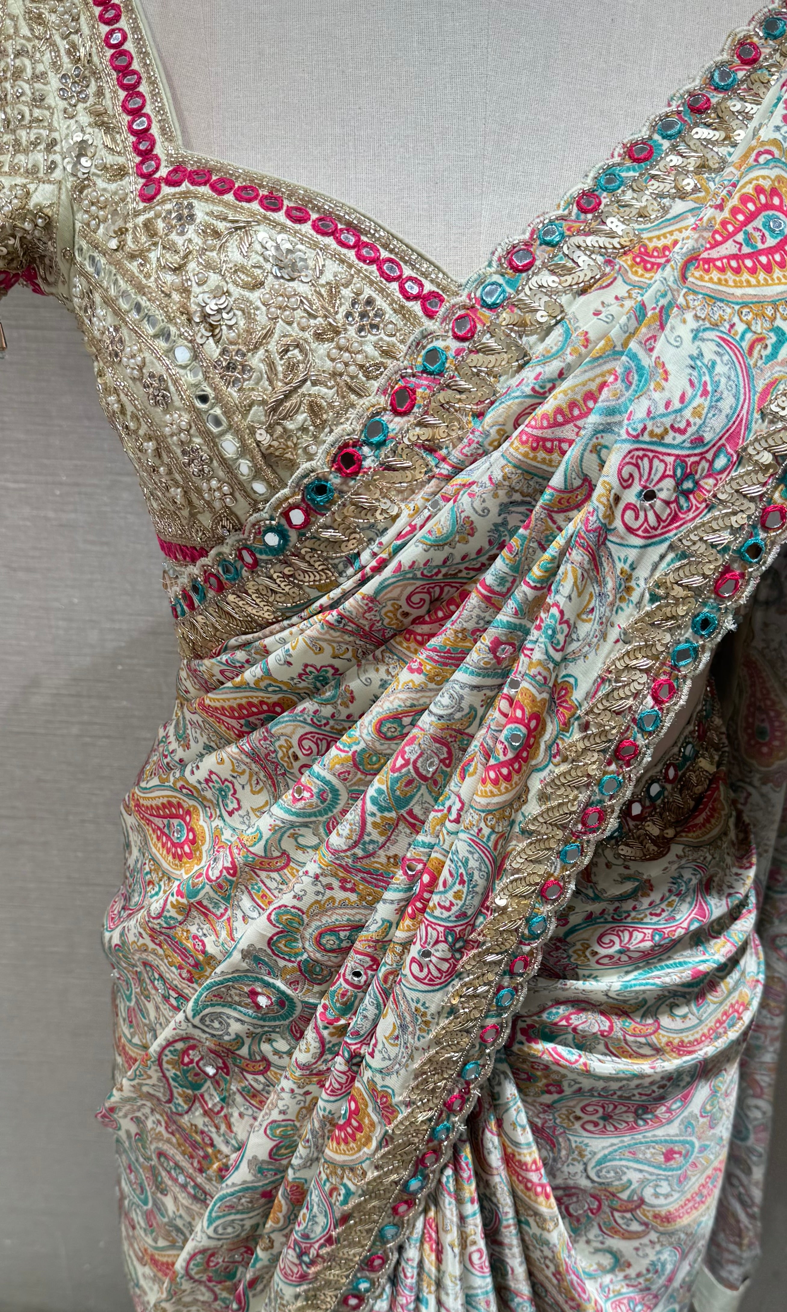 Green multicolor printed designer saree with embroidered blouse