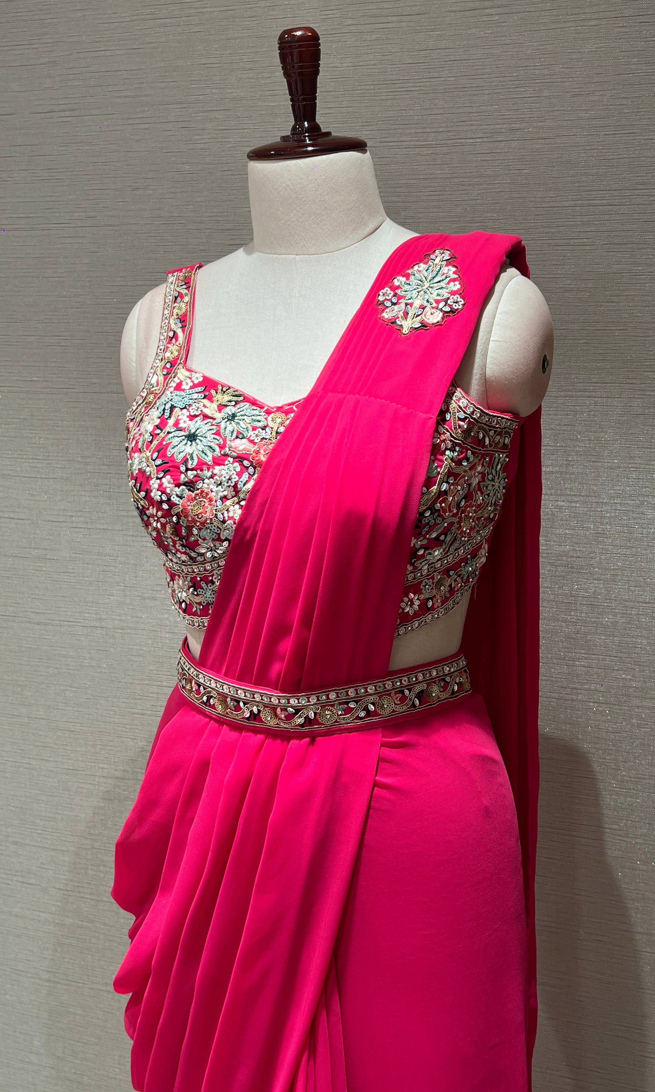 Pink drape saree WITH FLORAL BLOUSE