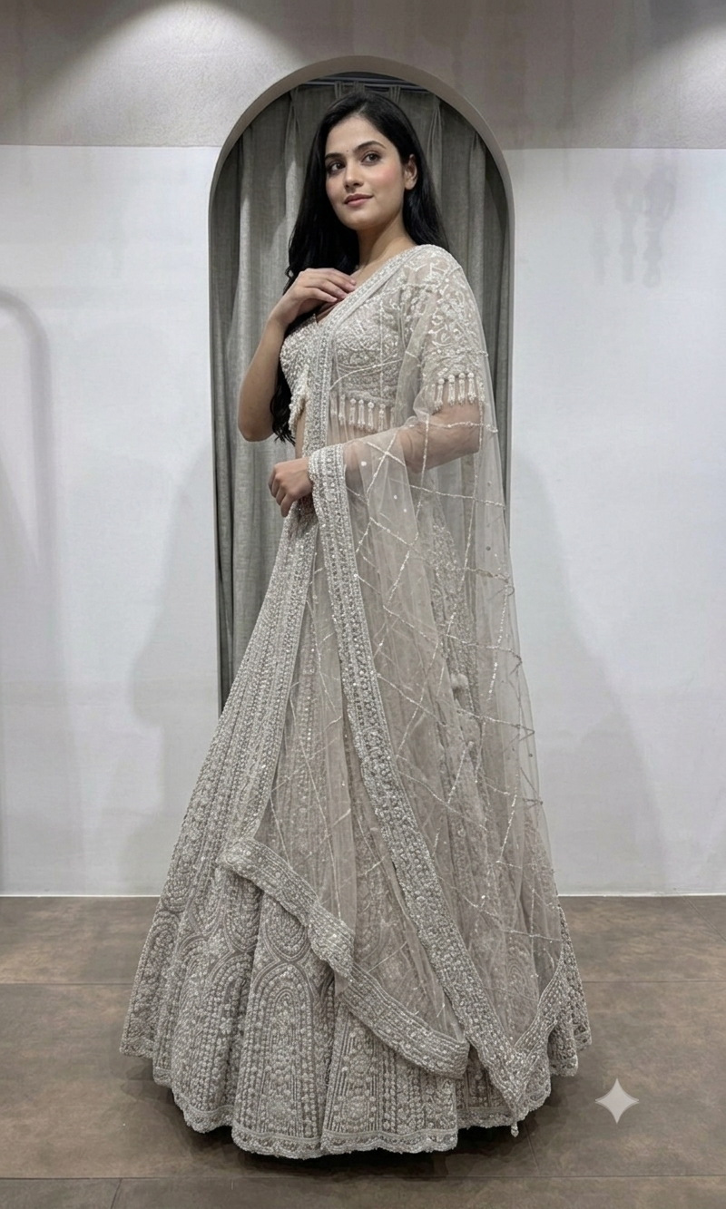 Grey Silver heavy designer bridal lehenga