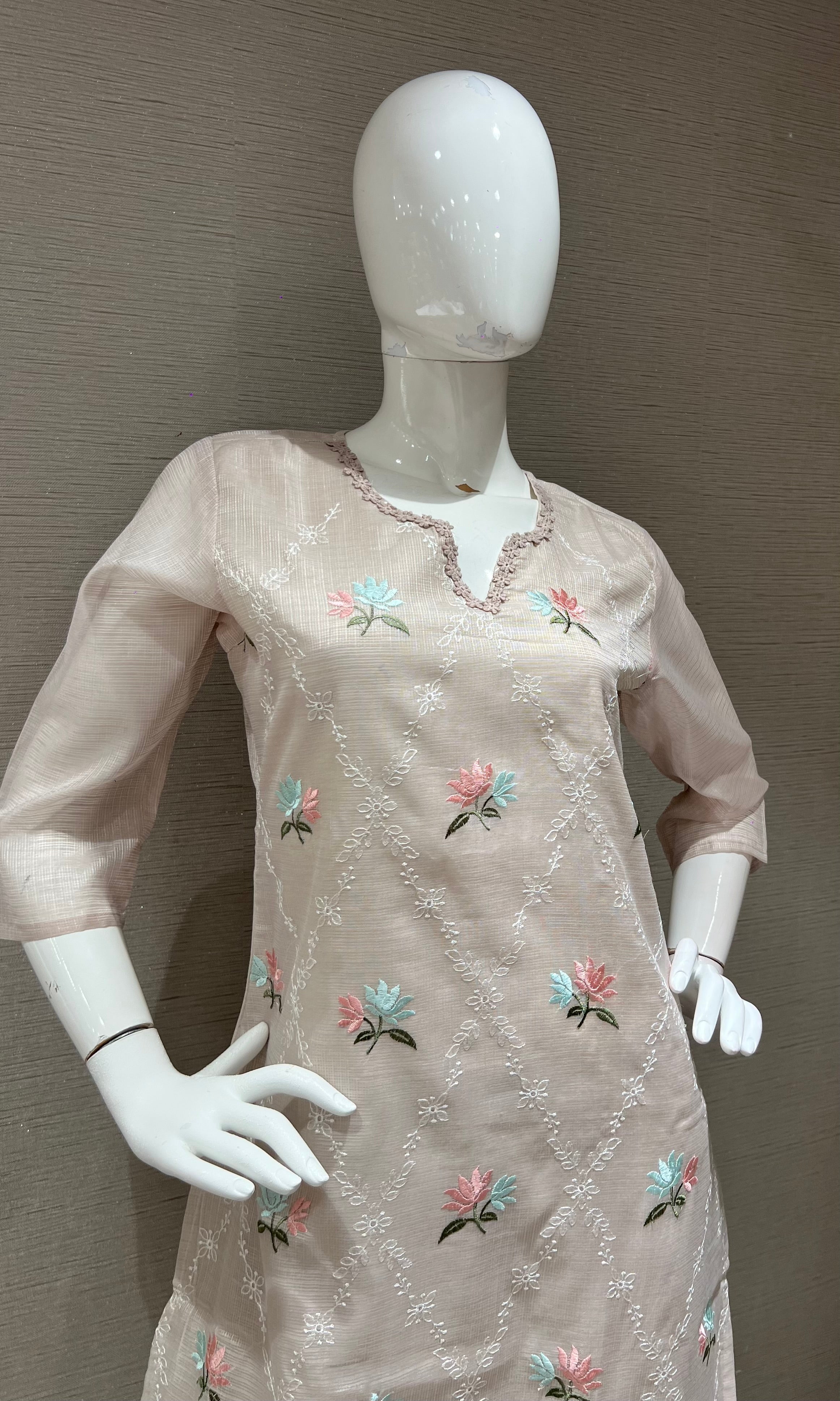 Ivory Floral Organza Kurta Set with Dupatta