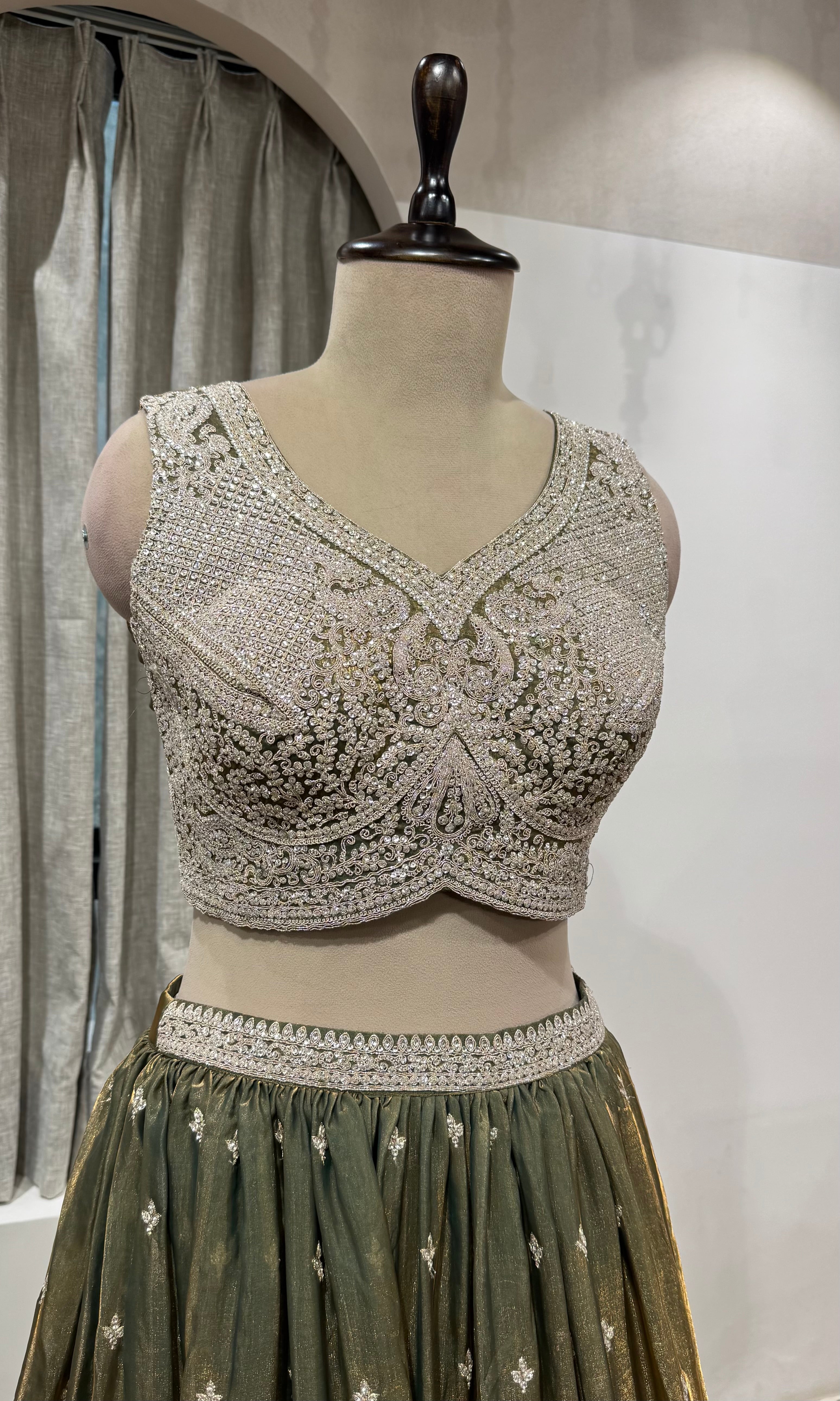 Green Shimmer Silk Lehenga with Silver Embroidery