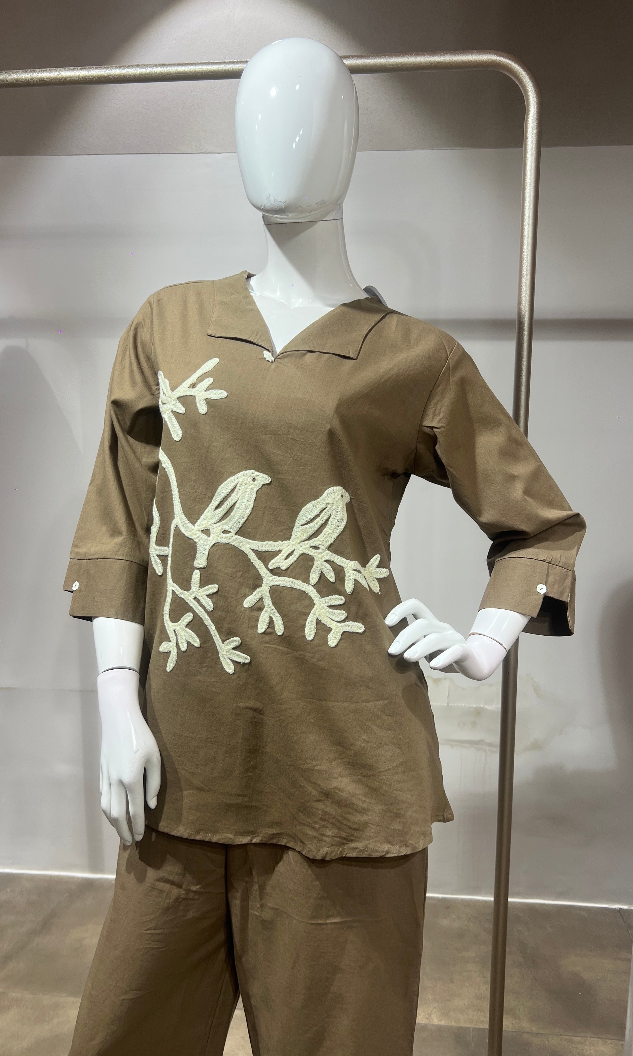 Brown Bird Print Tunic Cord set