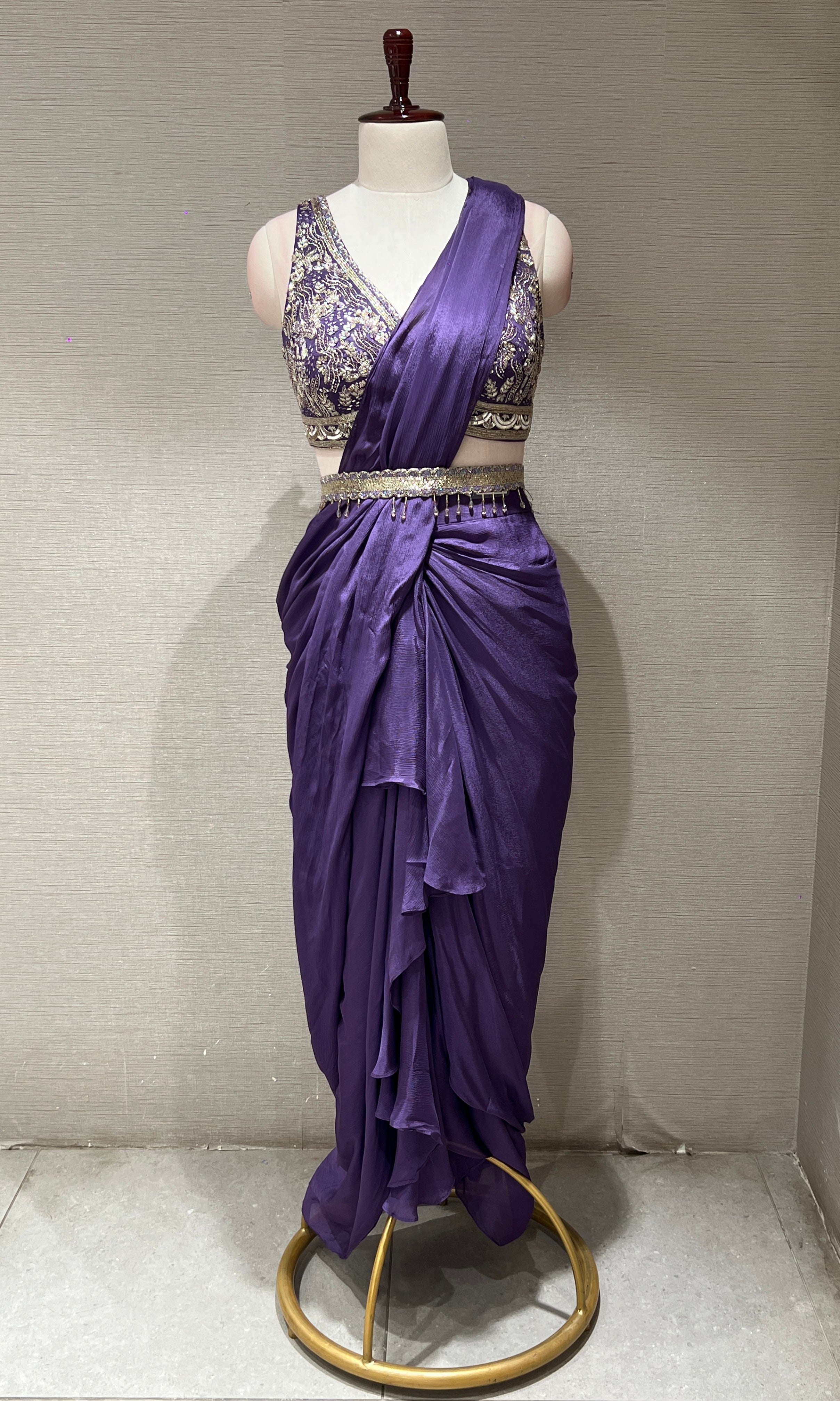Purple drape saree with ruffles