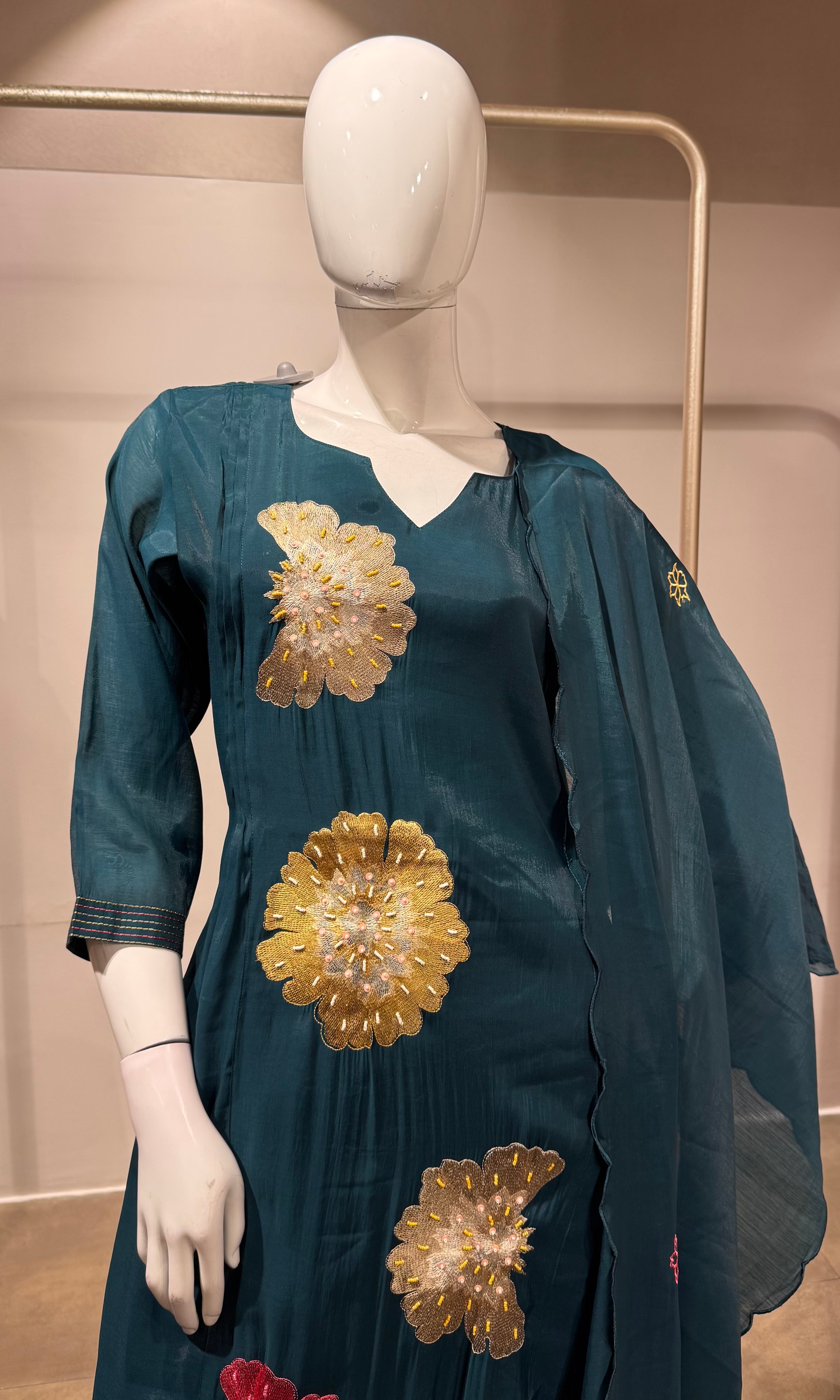 Teal Blue floral printed kurta set