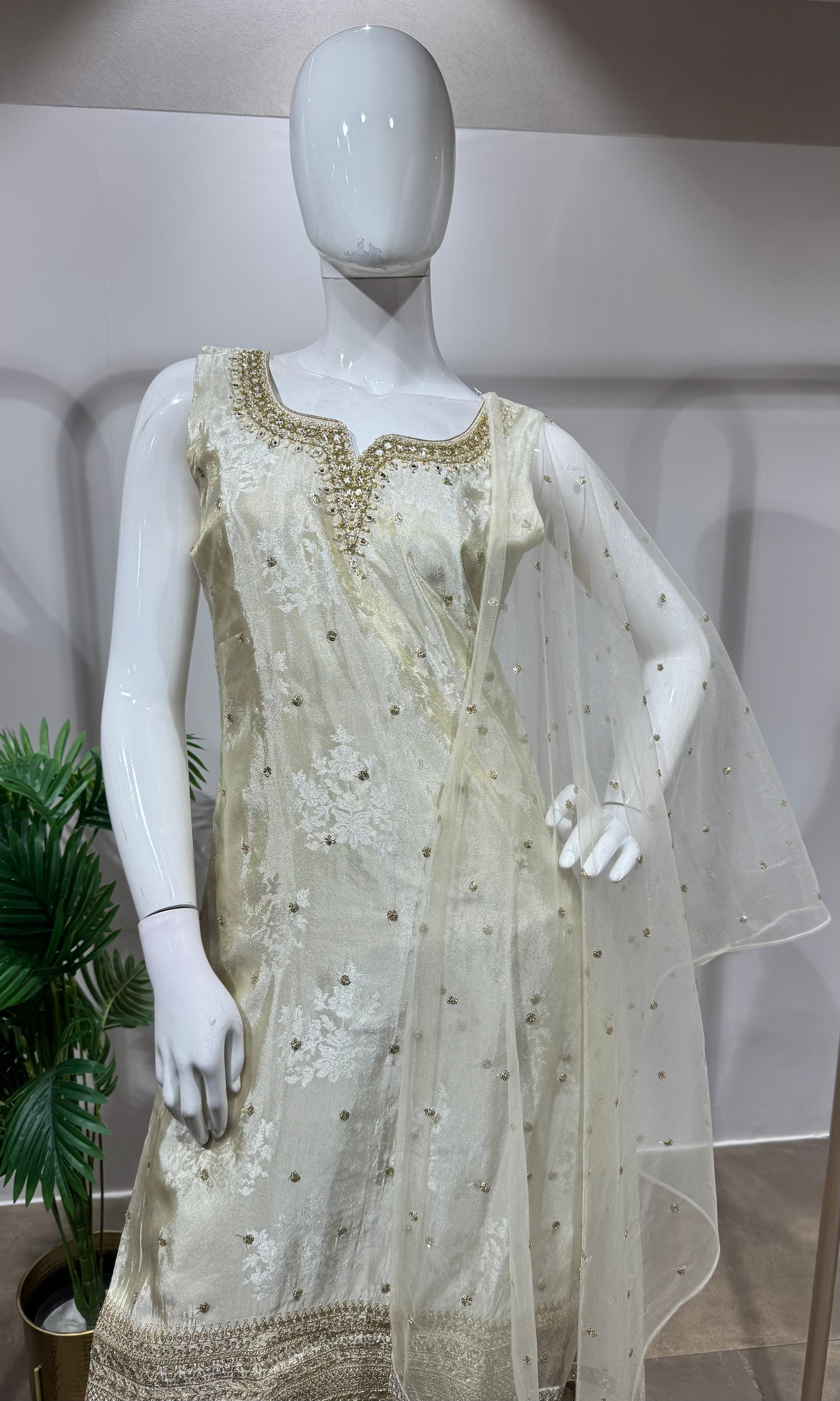 Cream & Gold Floral Embroidered Kurta with Dupatta