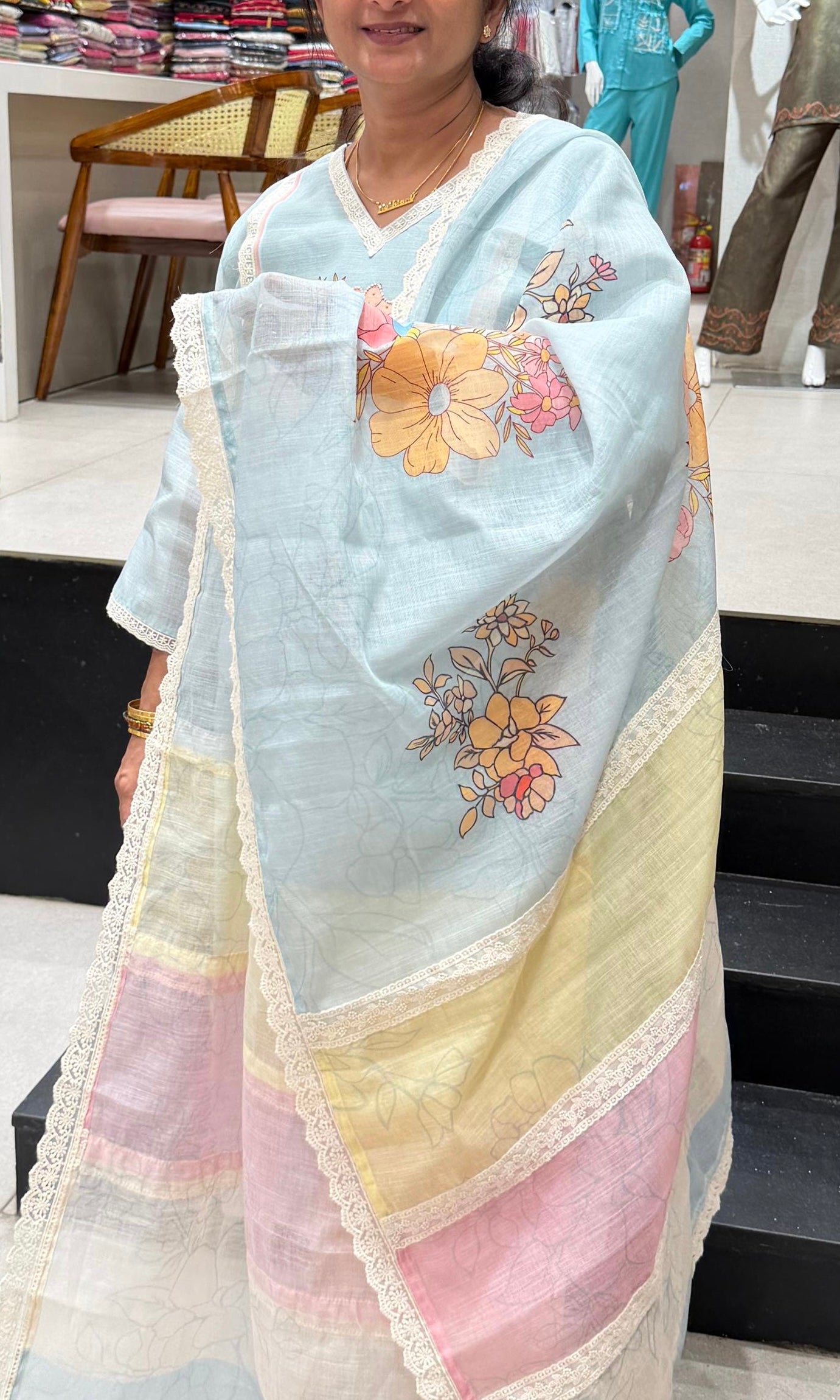 Sky Blue Straight Kurta Set with Multicolor Pastel dupatta