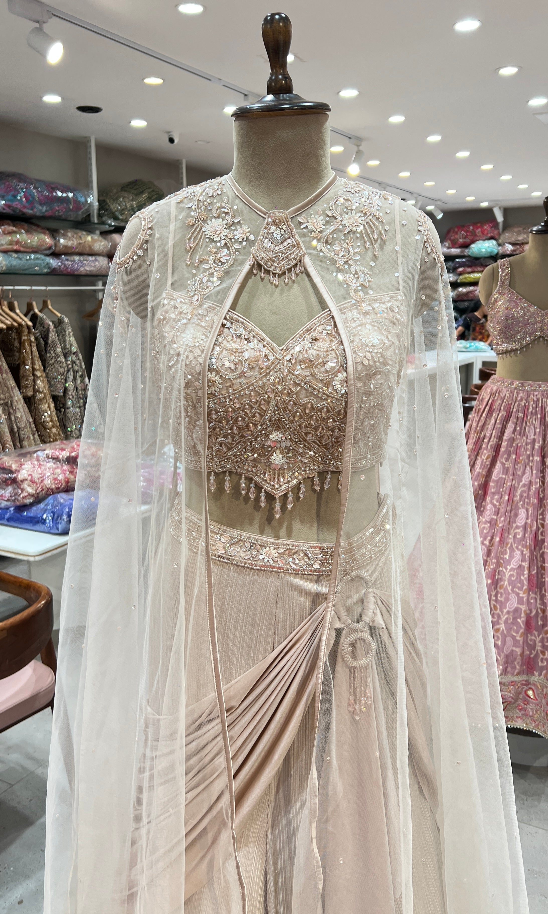 Gold Draped Lehenga with Blouse WITH CAPE