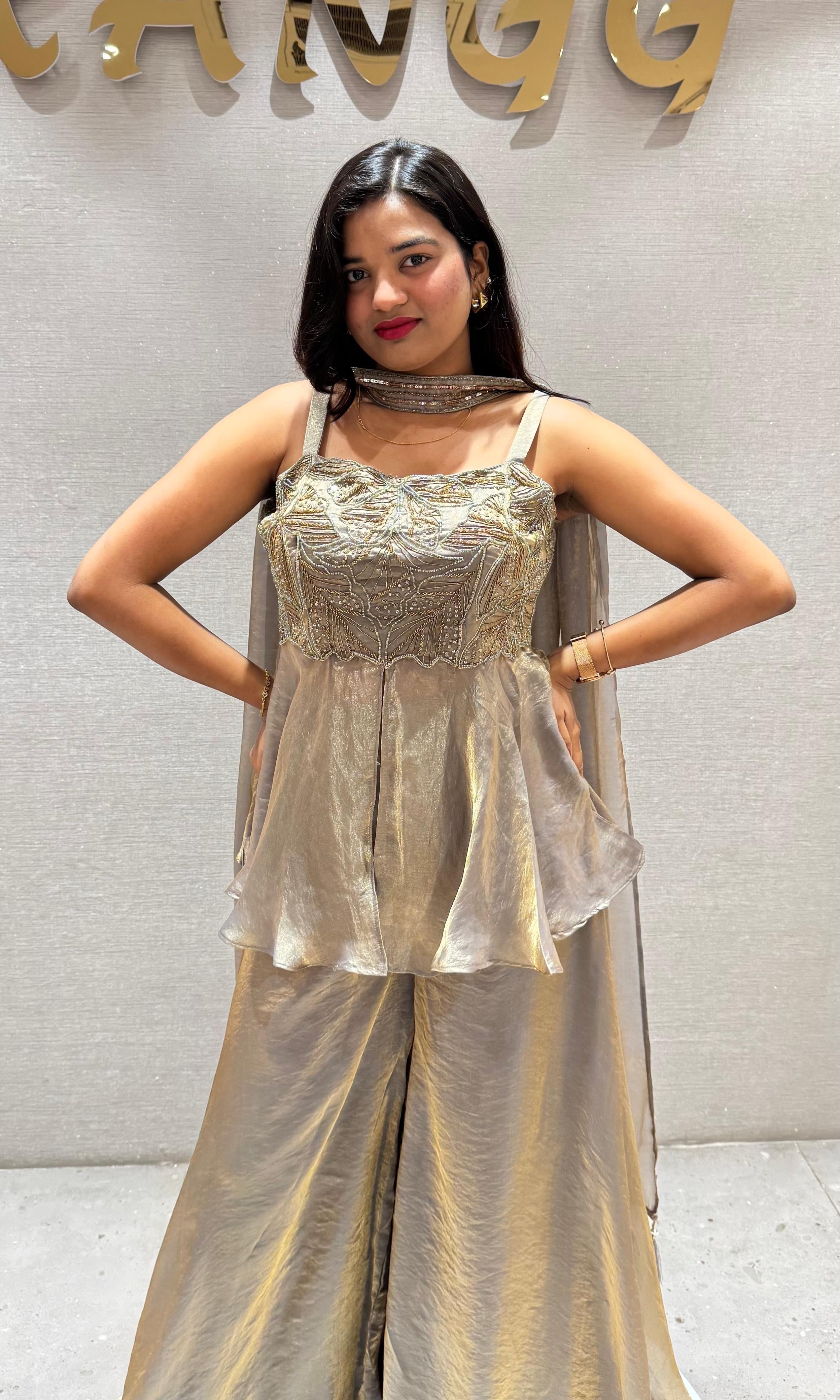 Grey PEPLUM EMBROIDERED palazzo SET