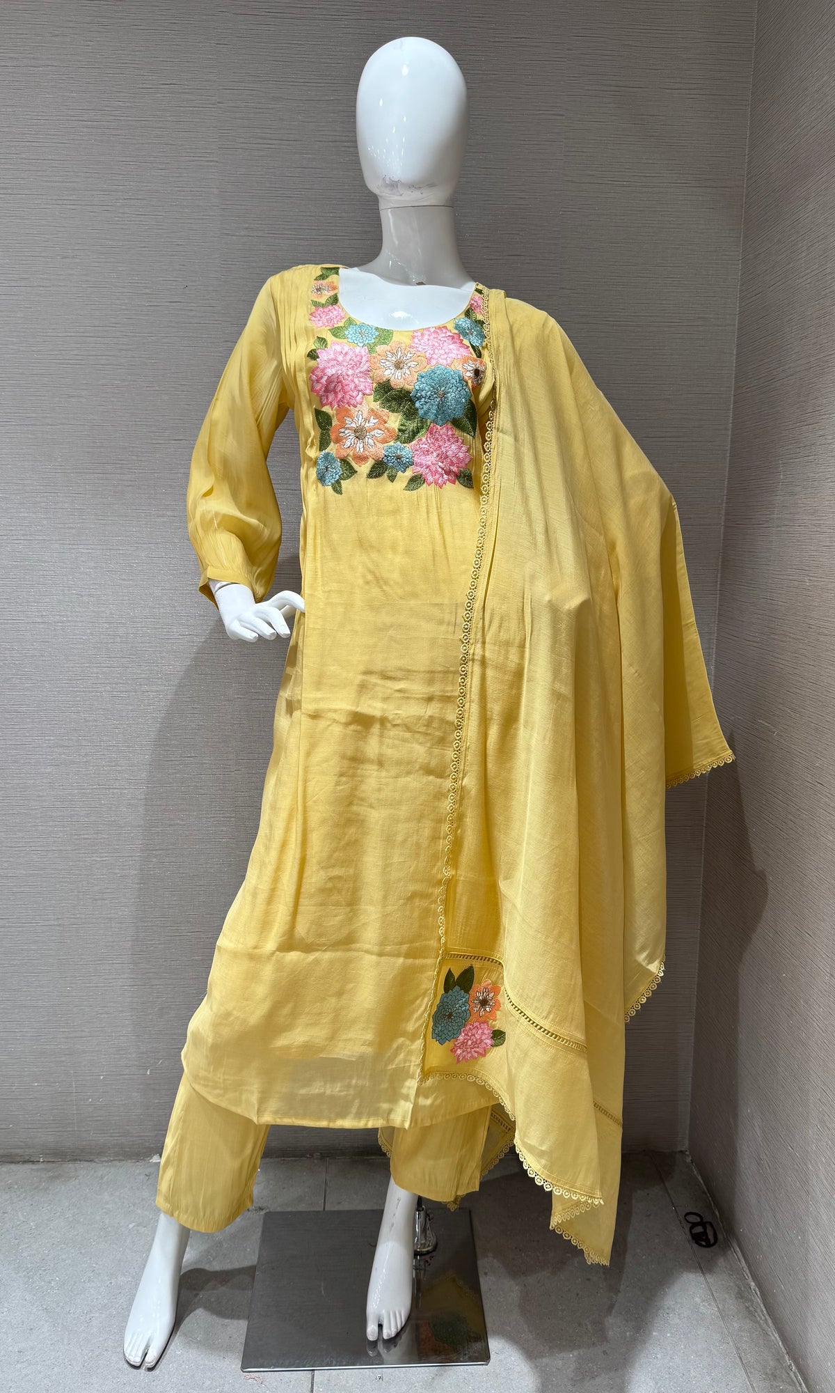 Yellow Floral Embroidered Mul Chanderi A Line Set with dupatta
