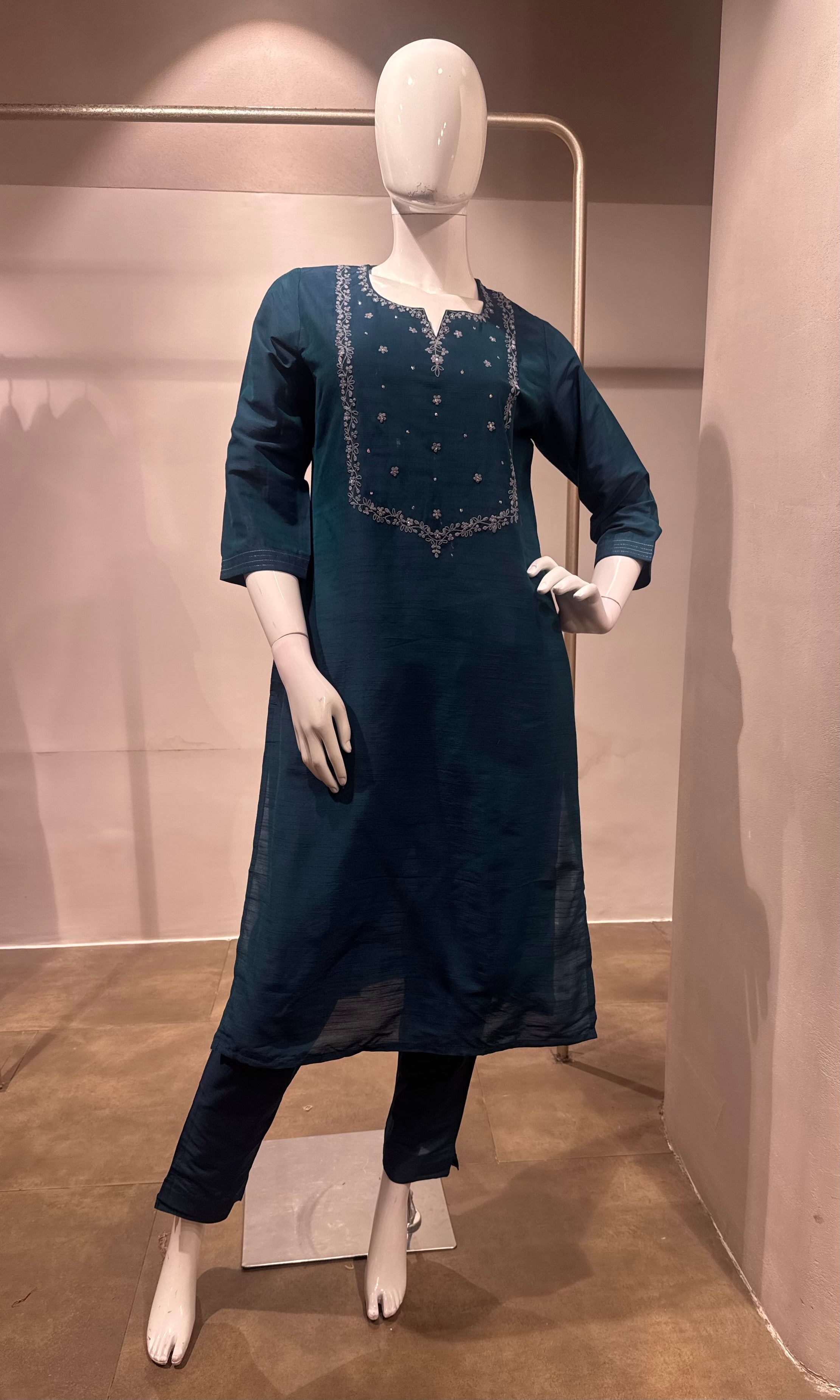 Blue Embroidered Straight Kurta Pant & Dupatta Set