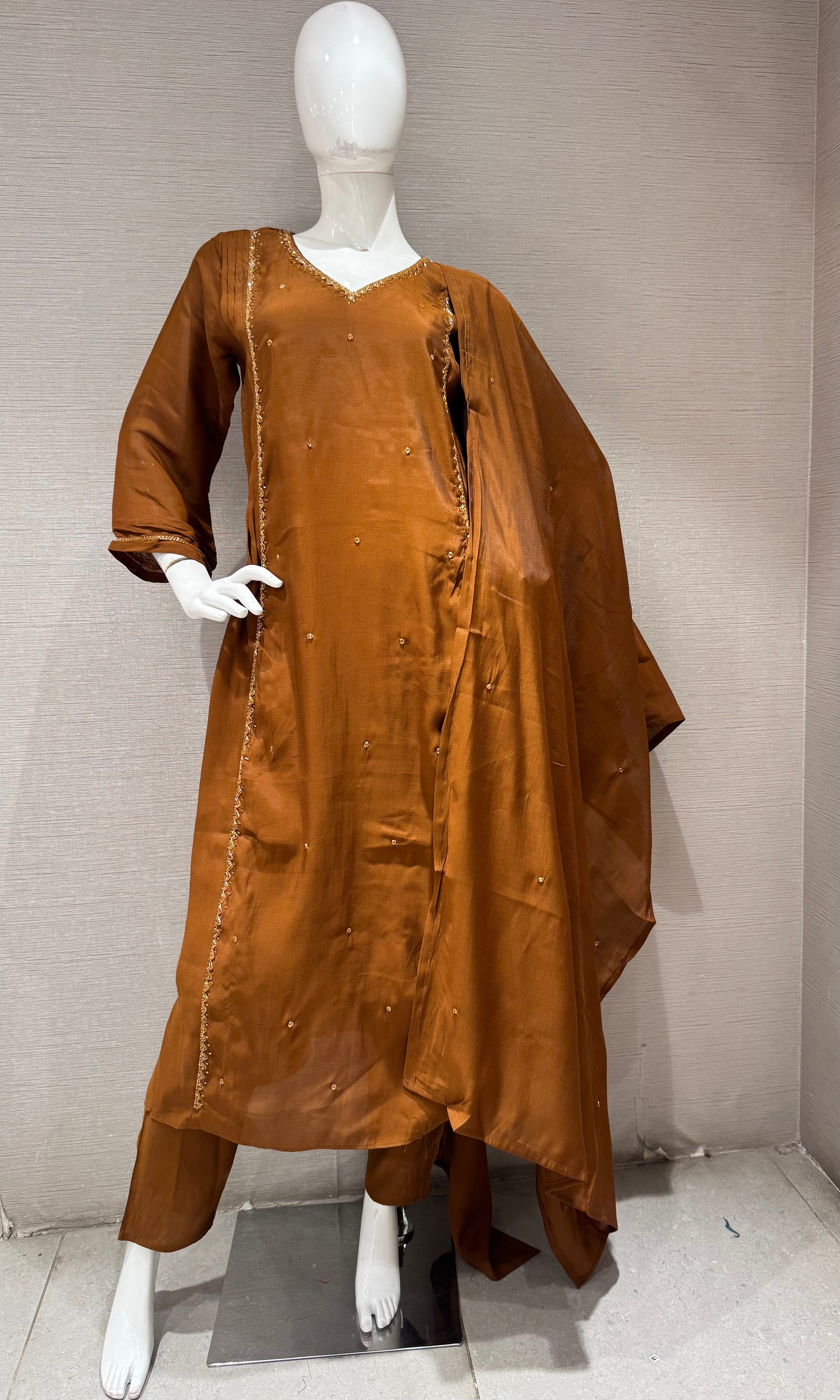Brown A line Cotton Kurta set with dupatta