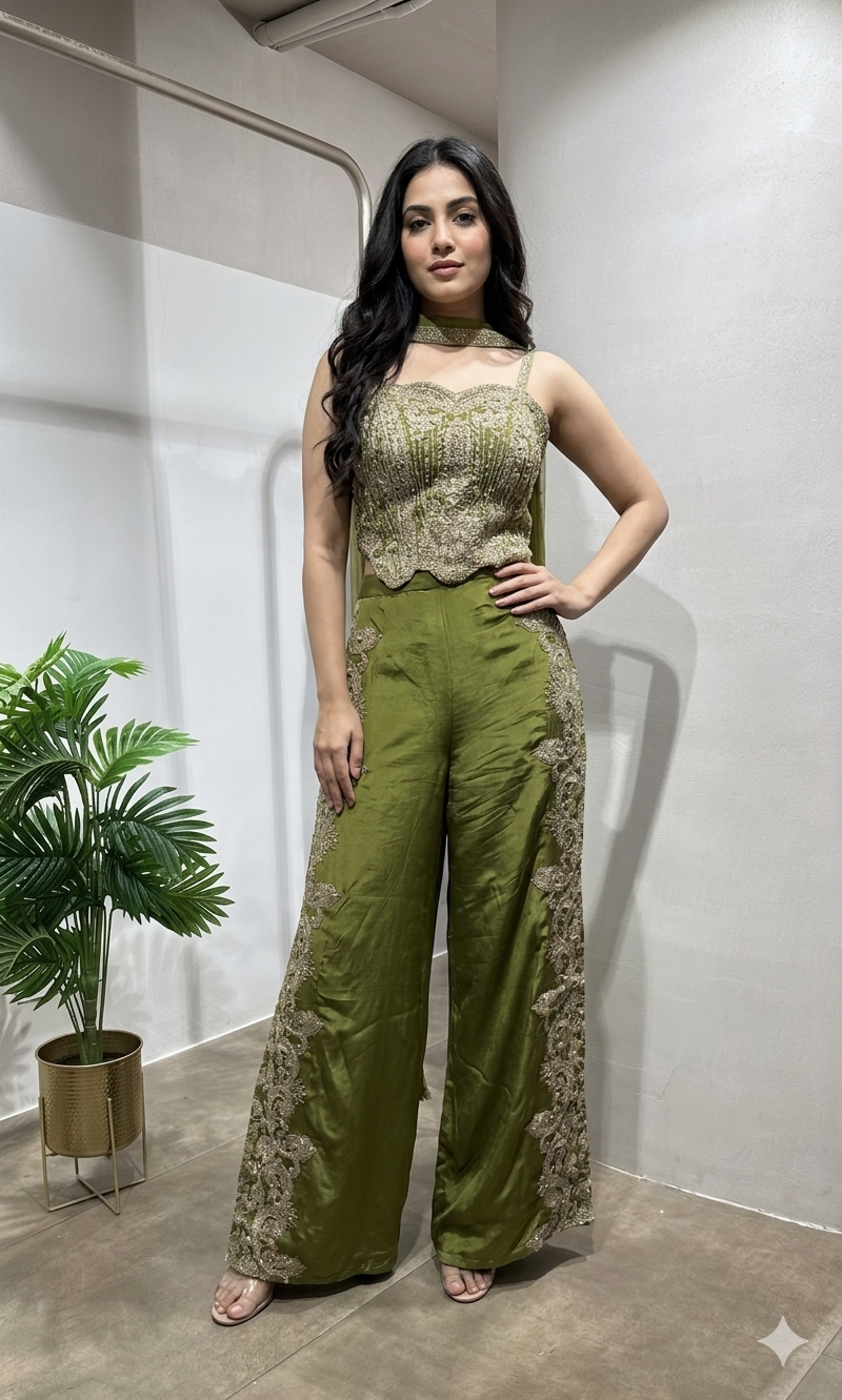 Mehendi Green Georgette Zari Sequin PALAZZO